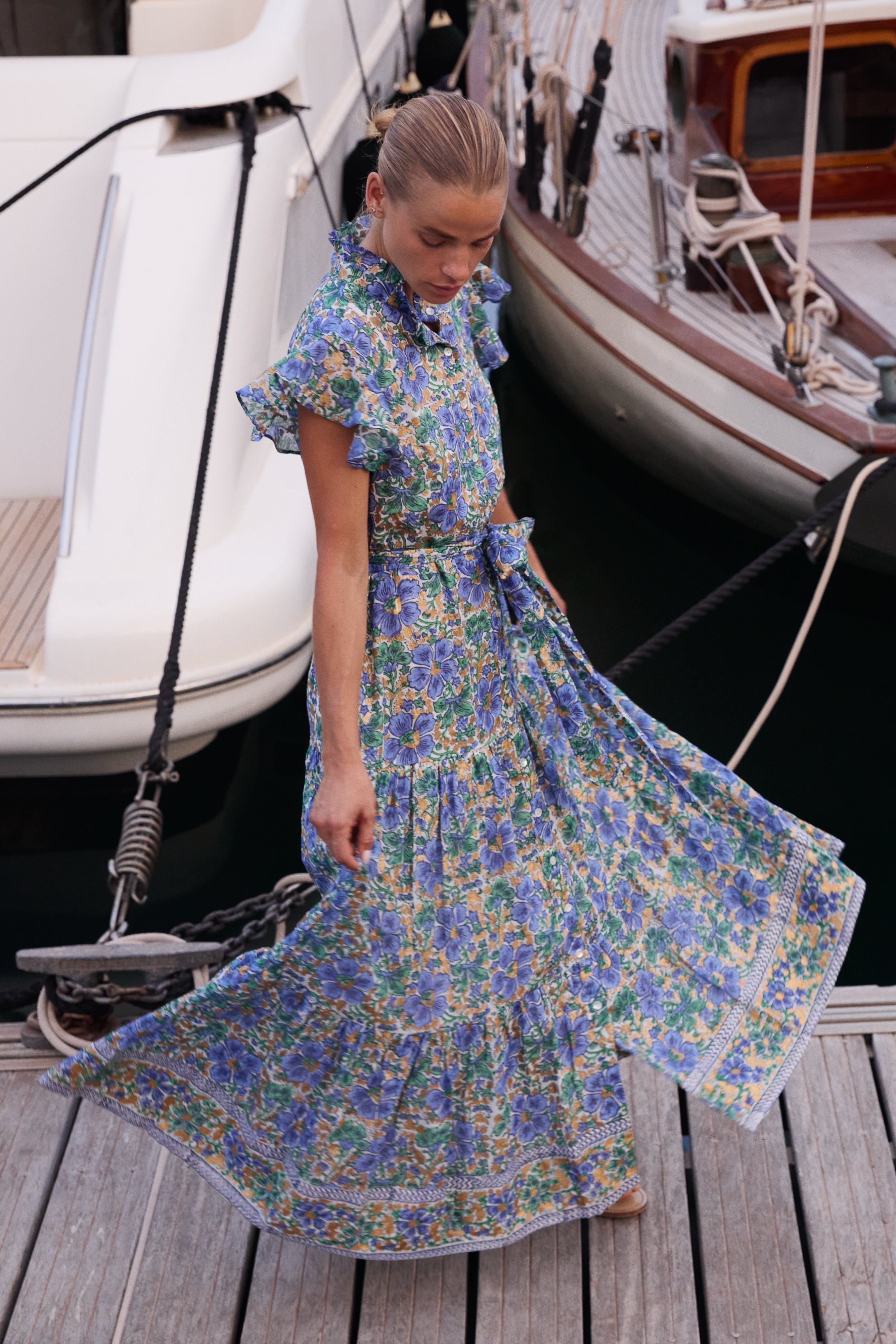 Ruffle Collar Button Maxi- Matera Blue