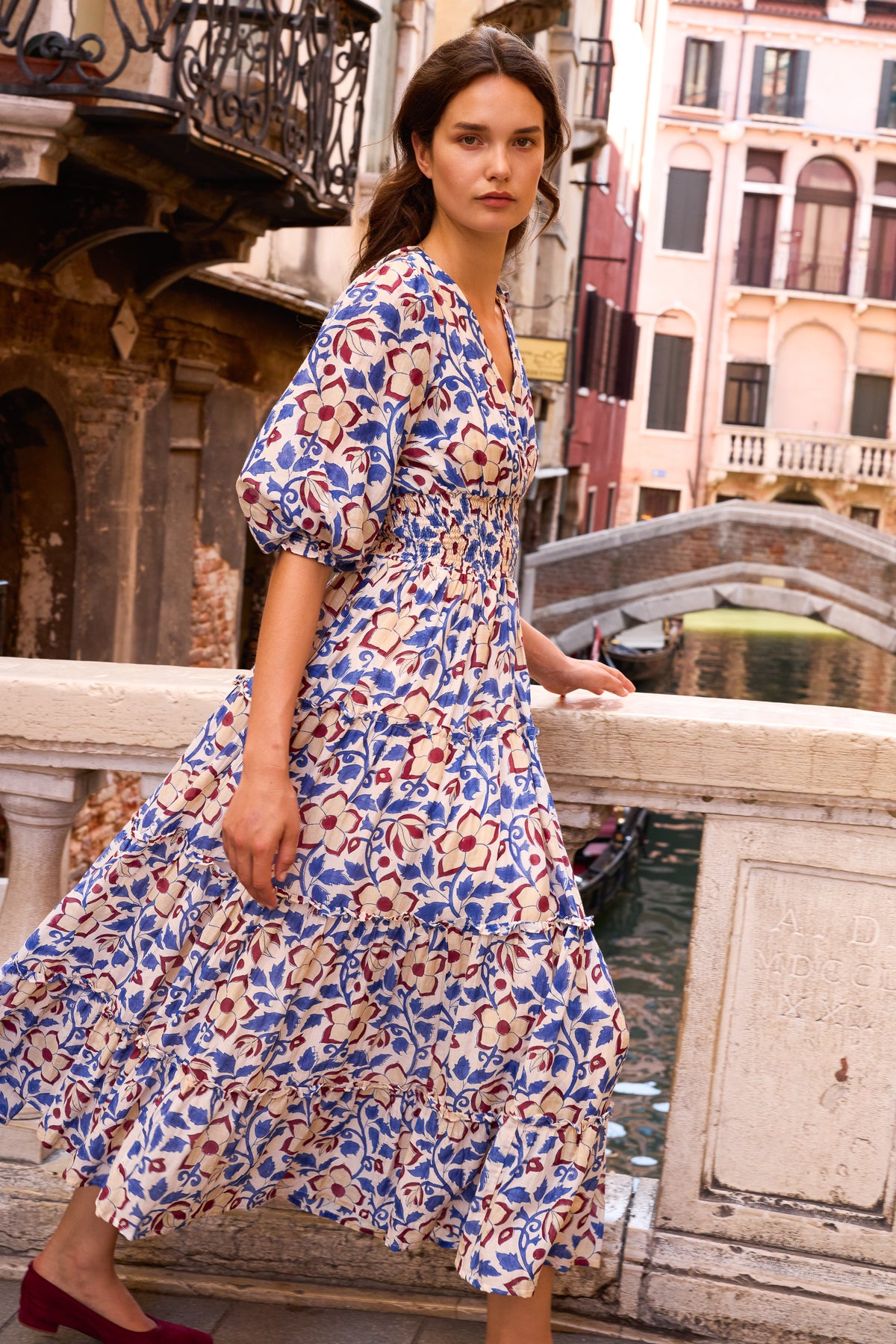 V-Neck Smocked Waist Midi- Kildare Blue