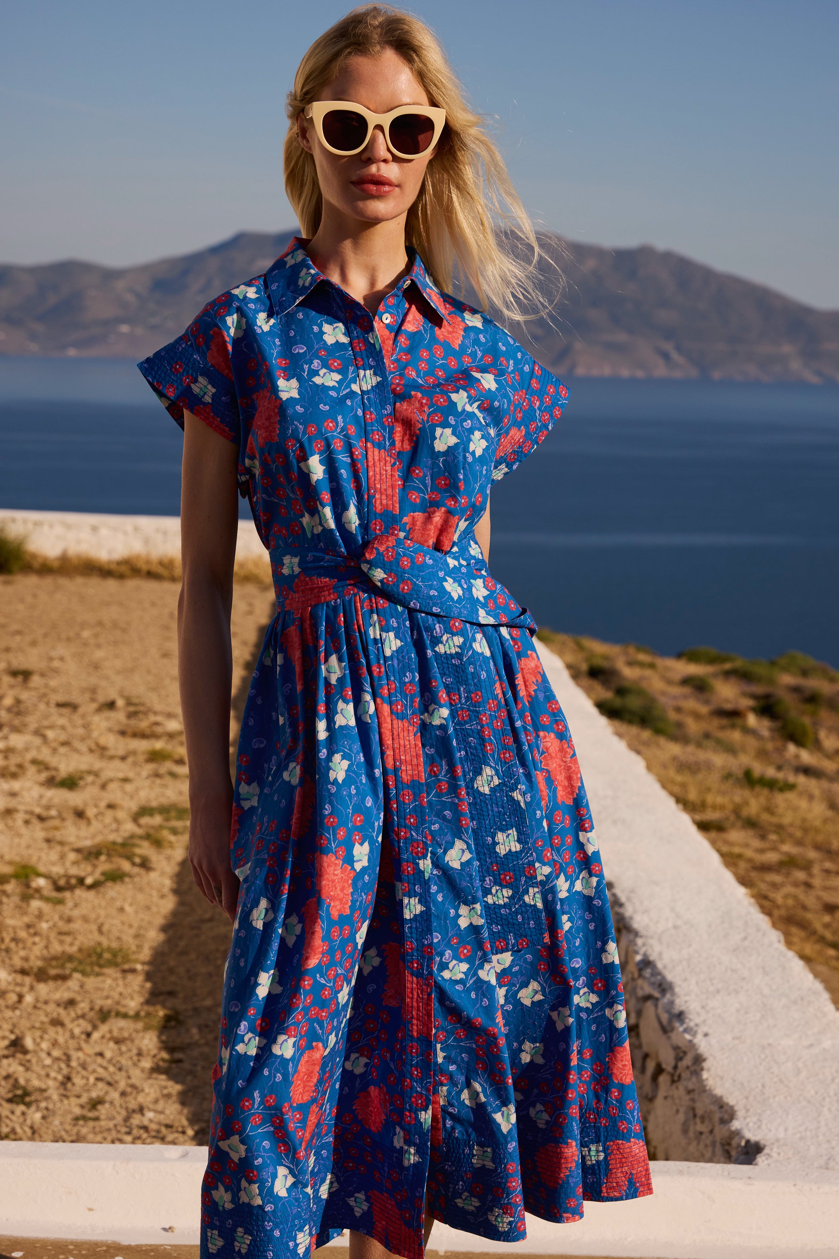 Belted Shirt Dress- Fleur Blue