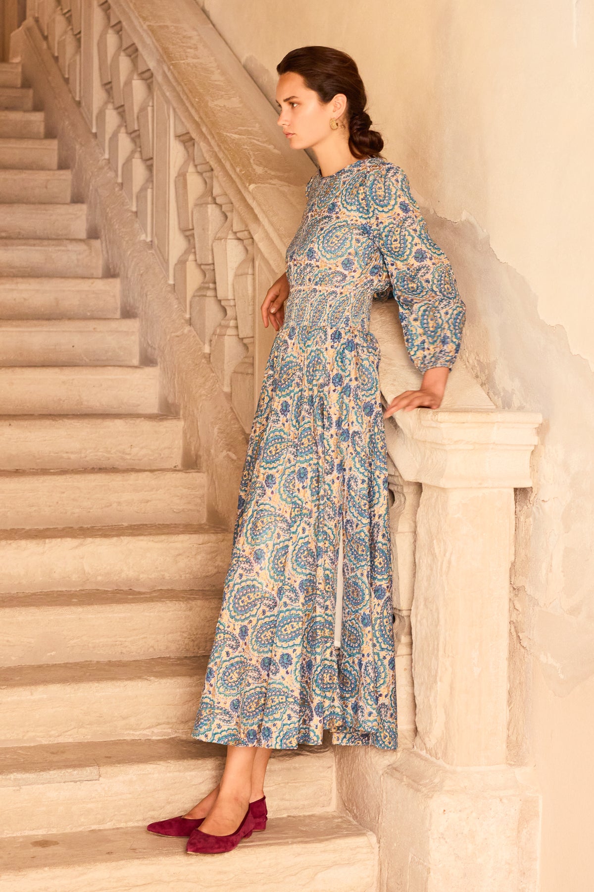 Smocked Waist Crewneck Maxi- Izmir Teal