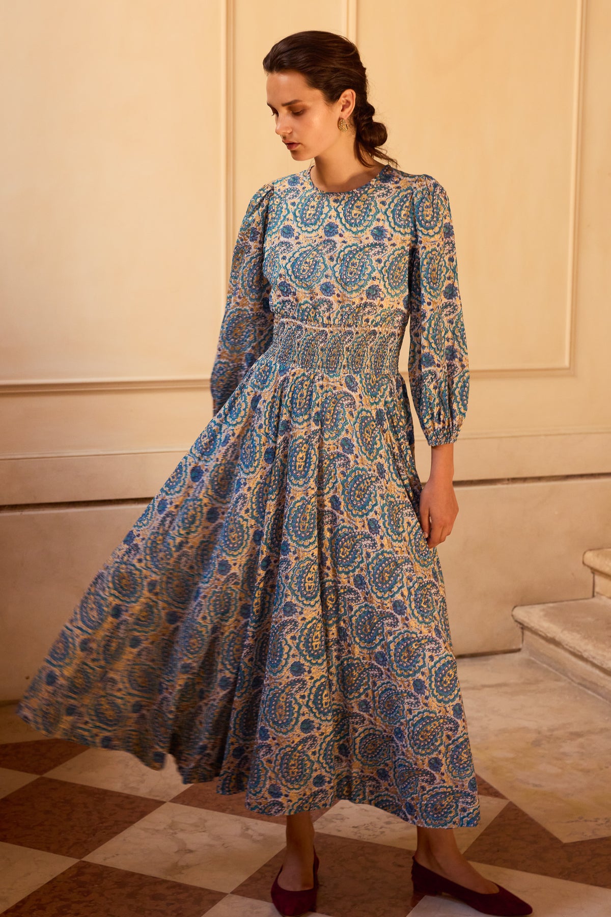Smocked Waist Crewneck Maxi- Izmir Teal