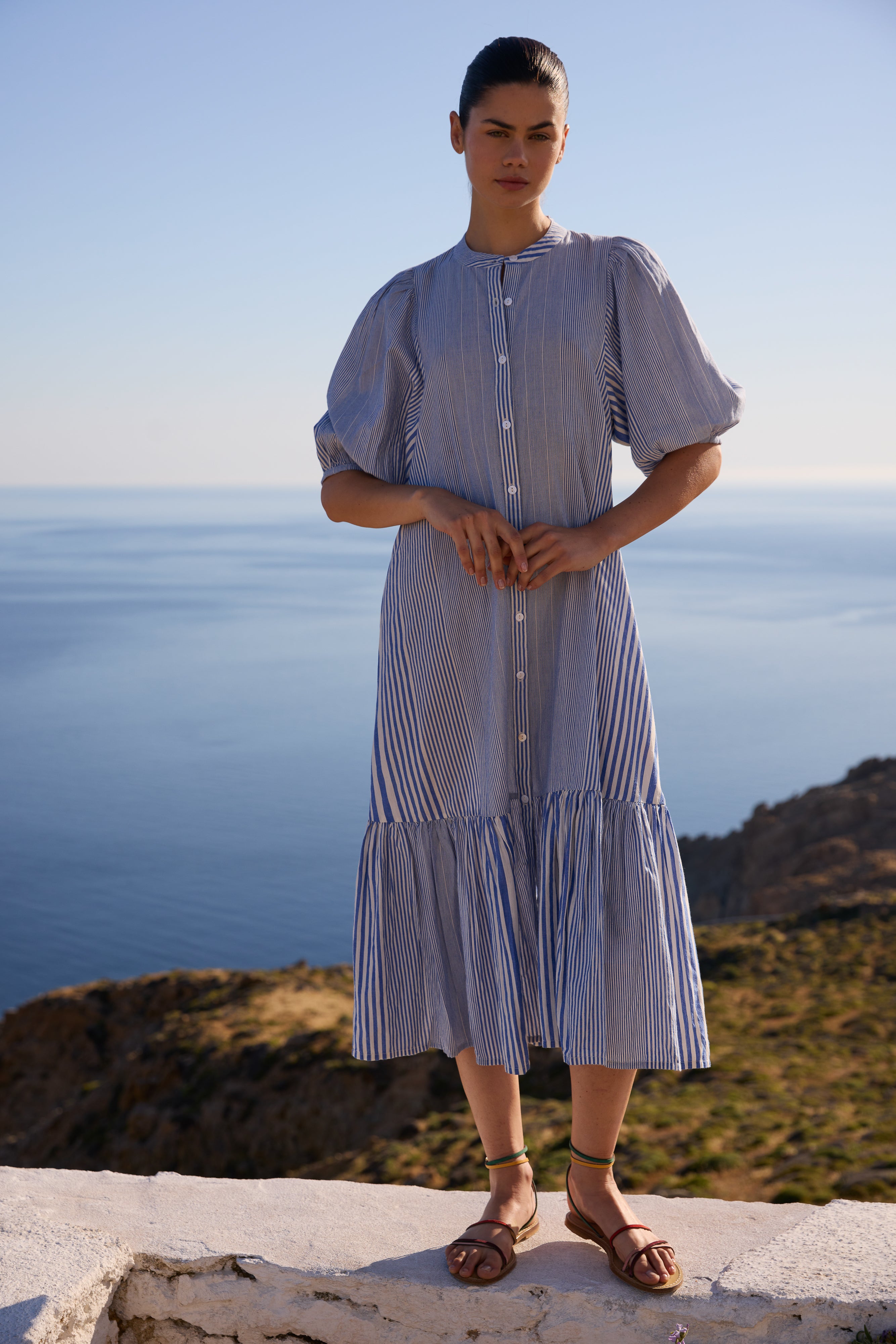 Button Puff Midi- Henley Blue
