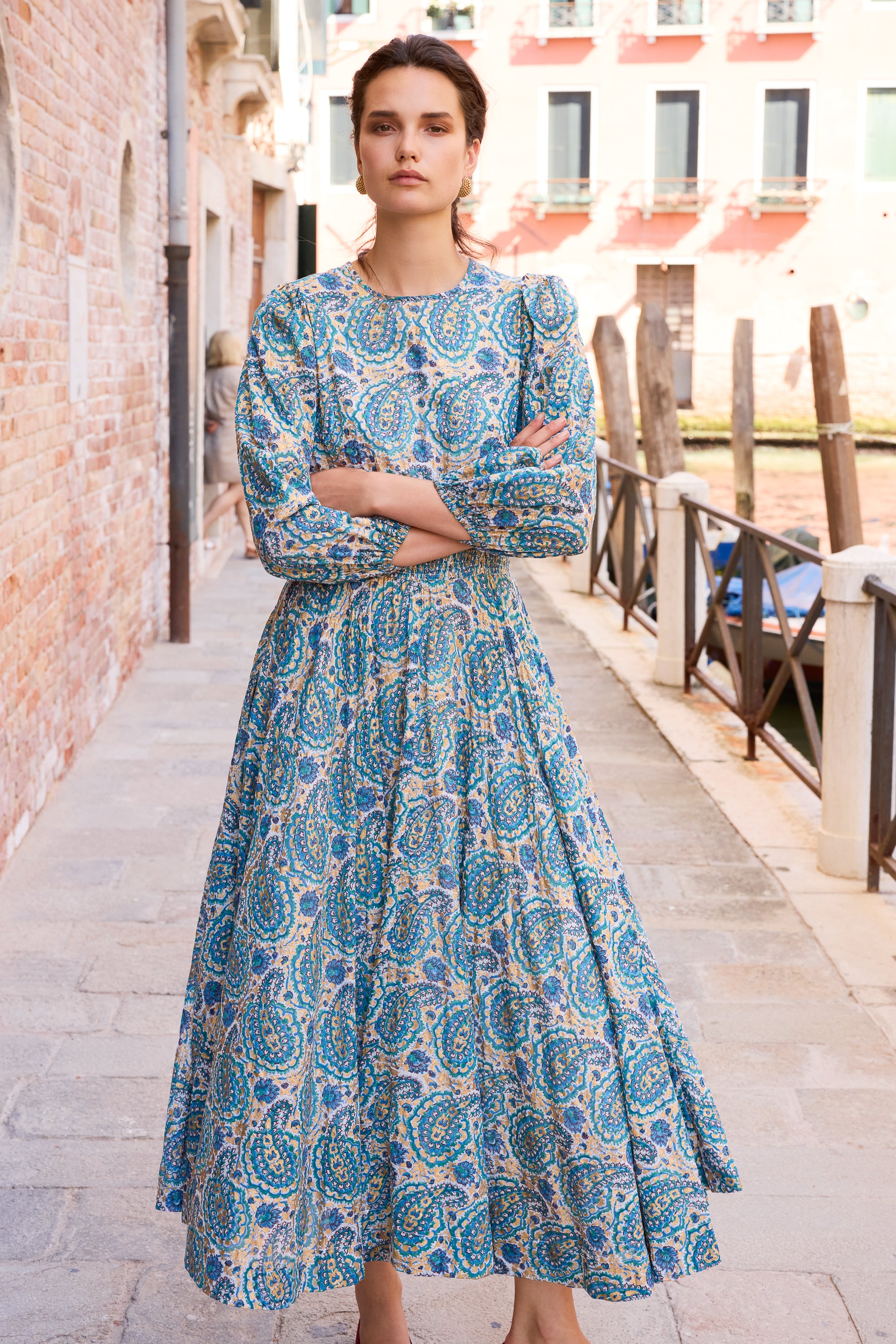 Smocked Waist Crewneck Maxi- Izmir Teal