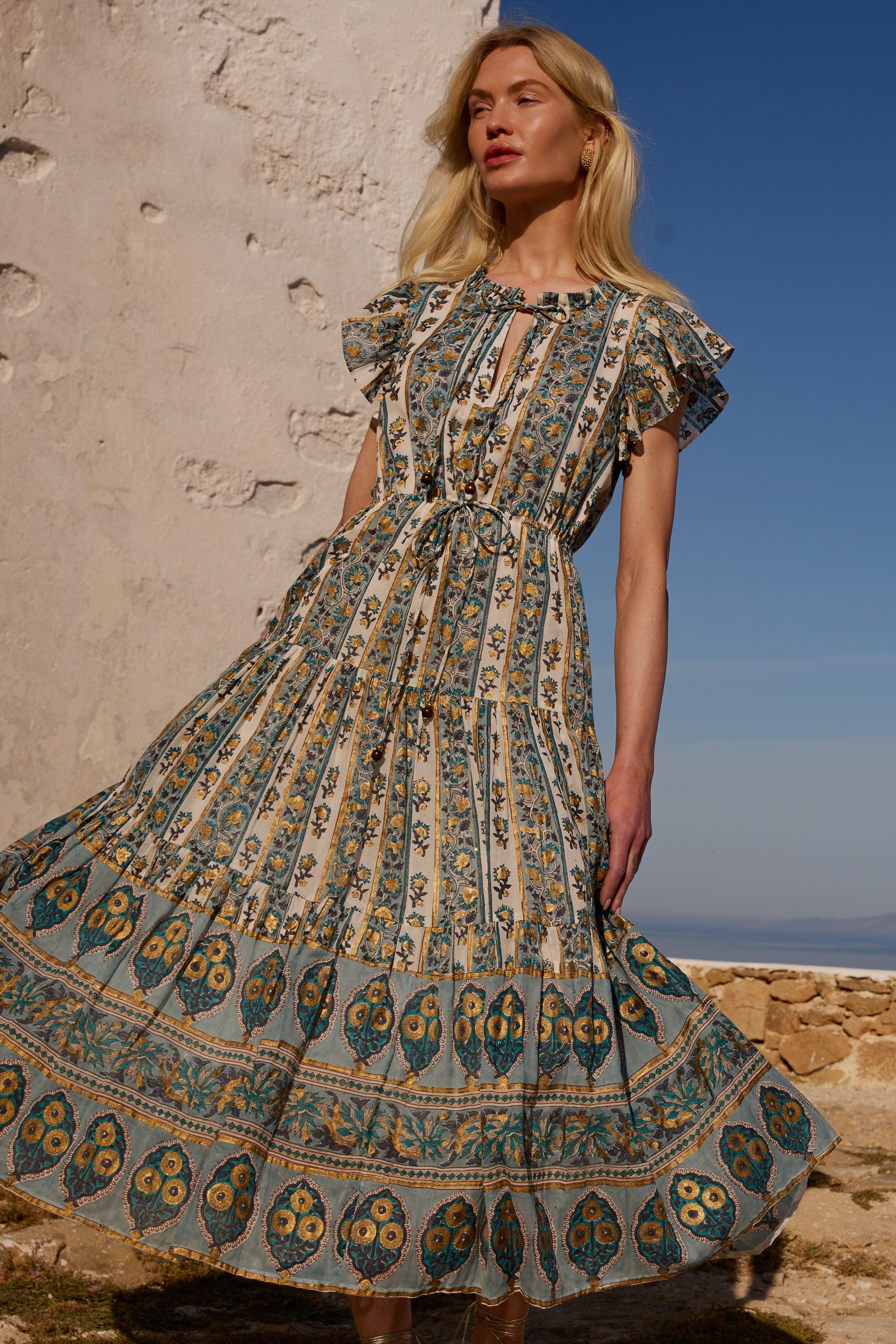 Cinched Flirty Midi- Taj Blue