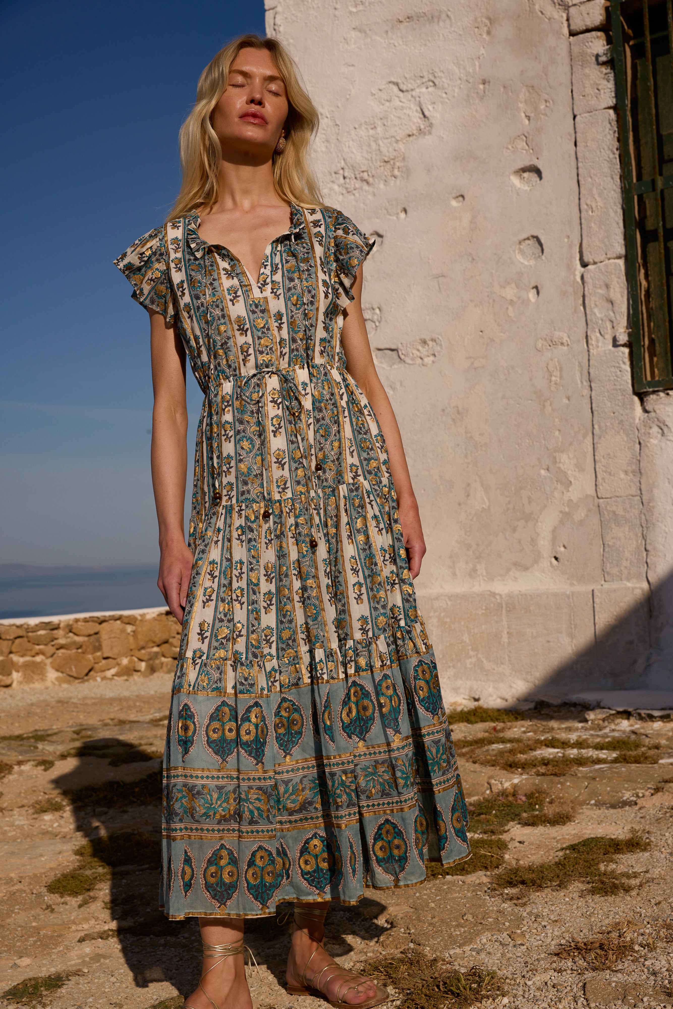 Cinched Flirty Midi- Taj Blue