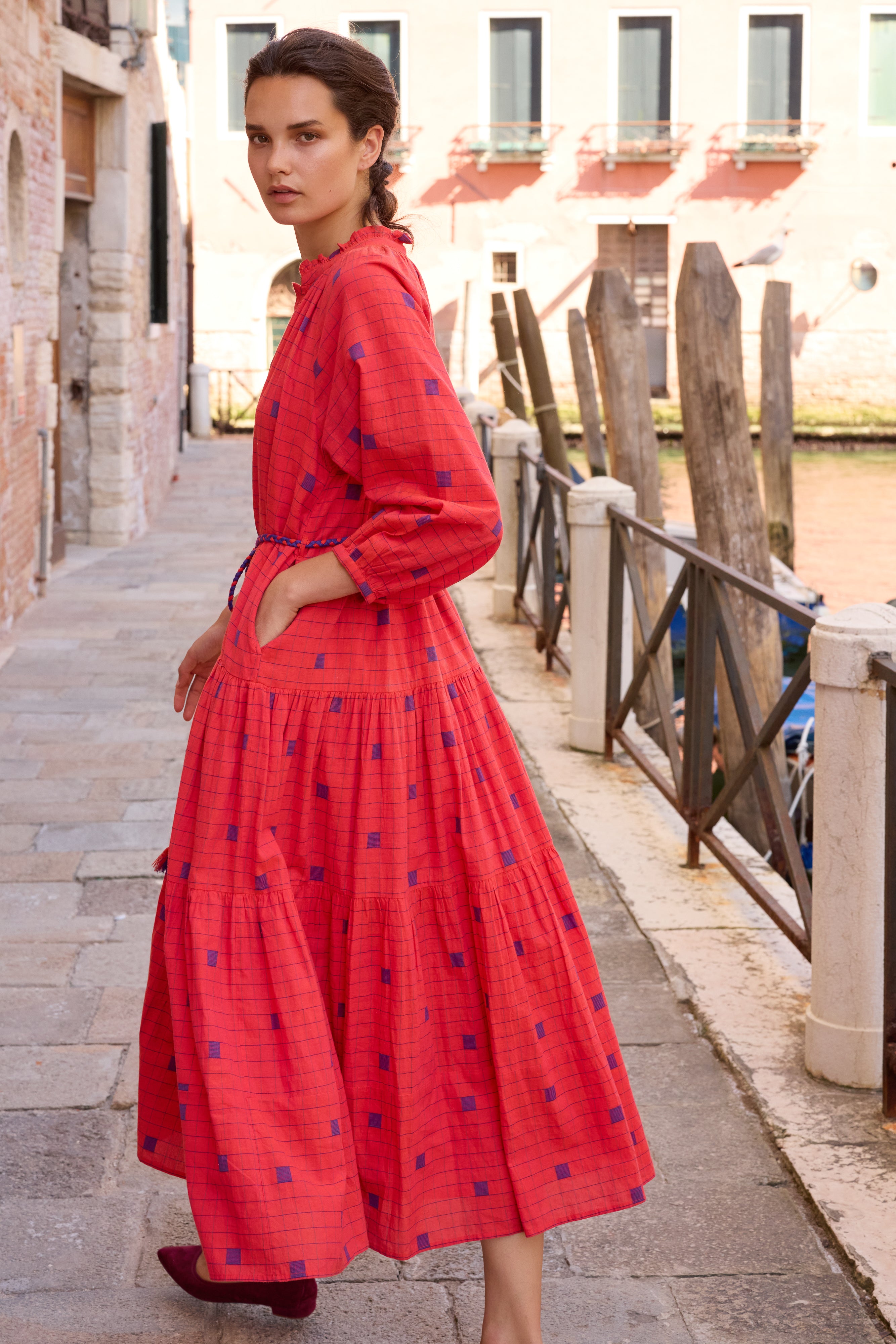 Cuff Sleeve Tie Waist Maxi- Samur Red