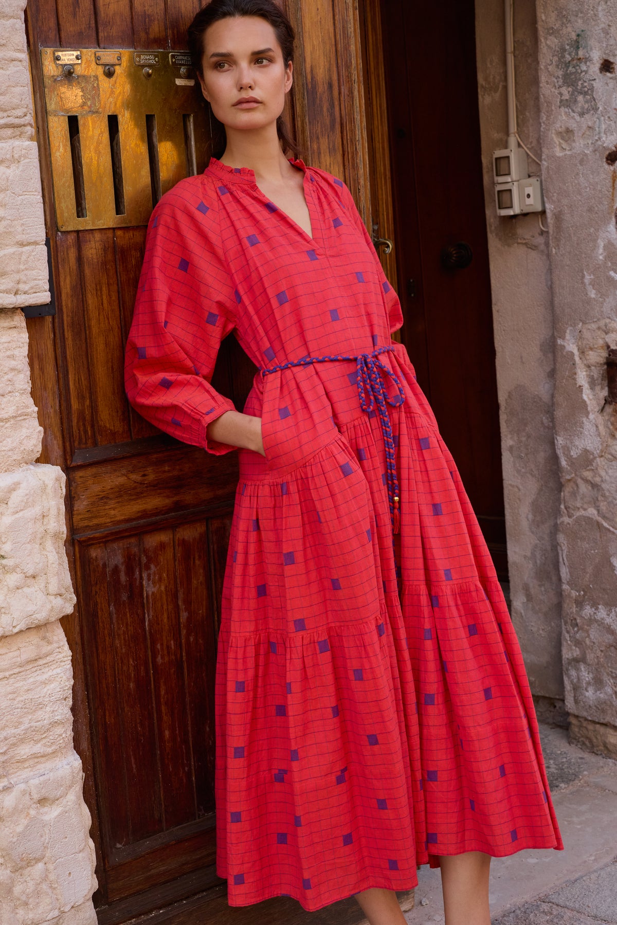 Cuff Sleeve Tie Waist Maxi- Samur Red