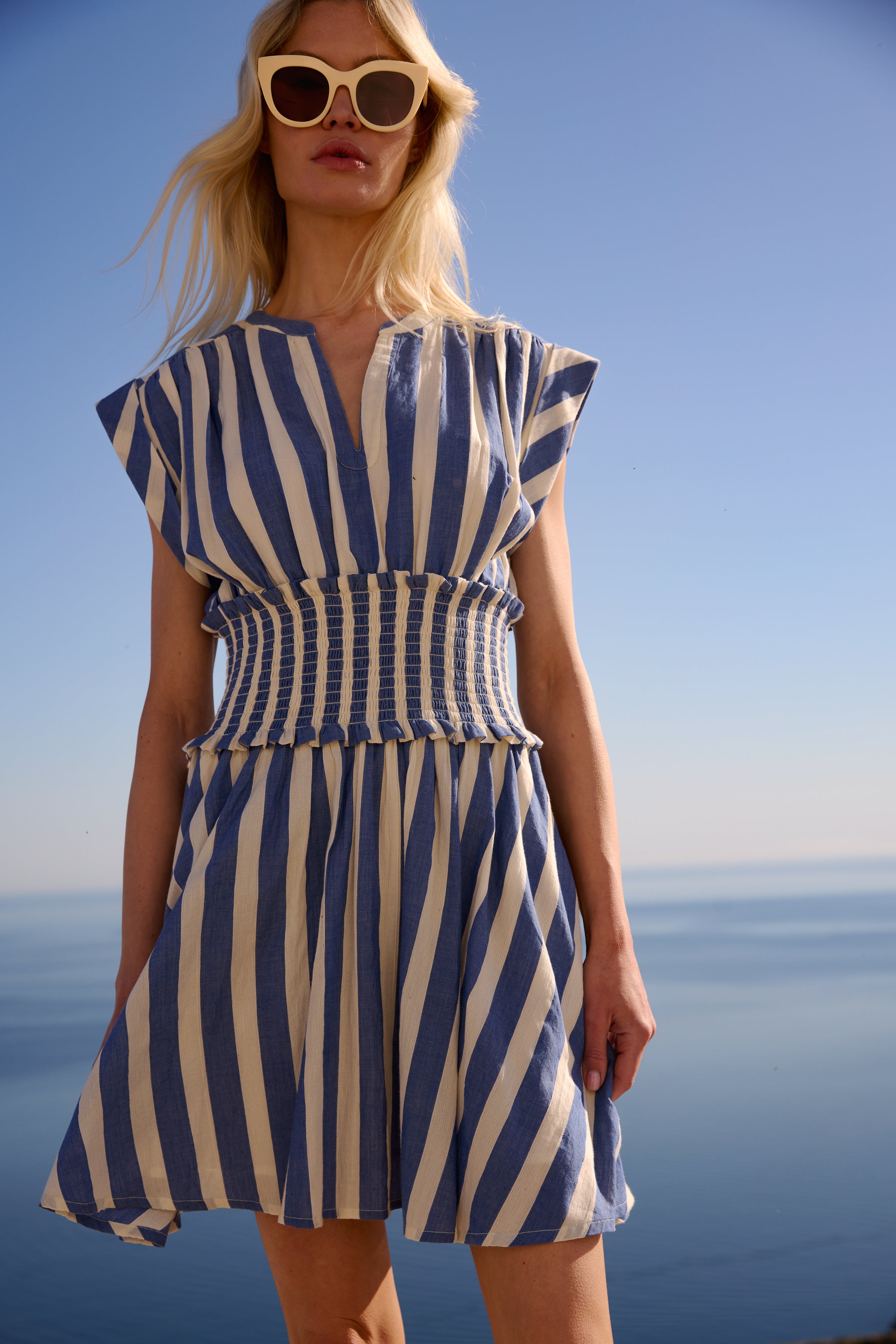 Smocked Waist Roll Sleeve- Solana Blue
