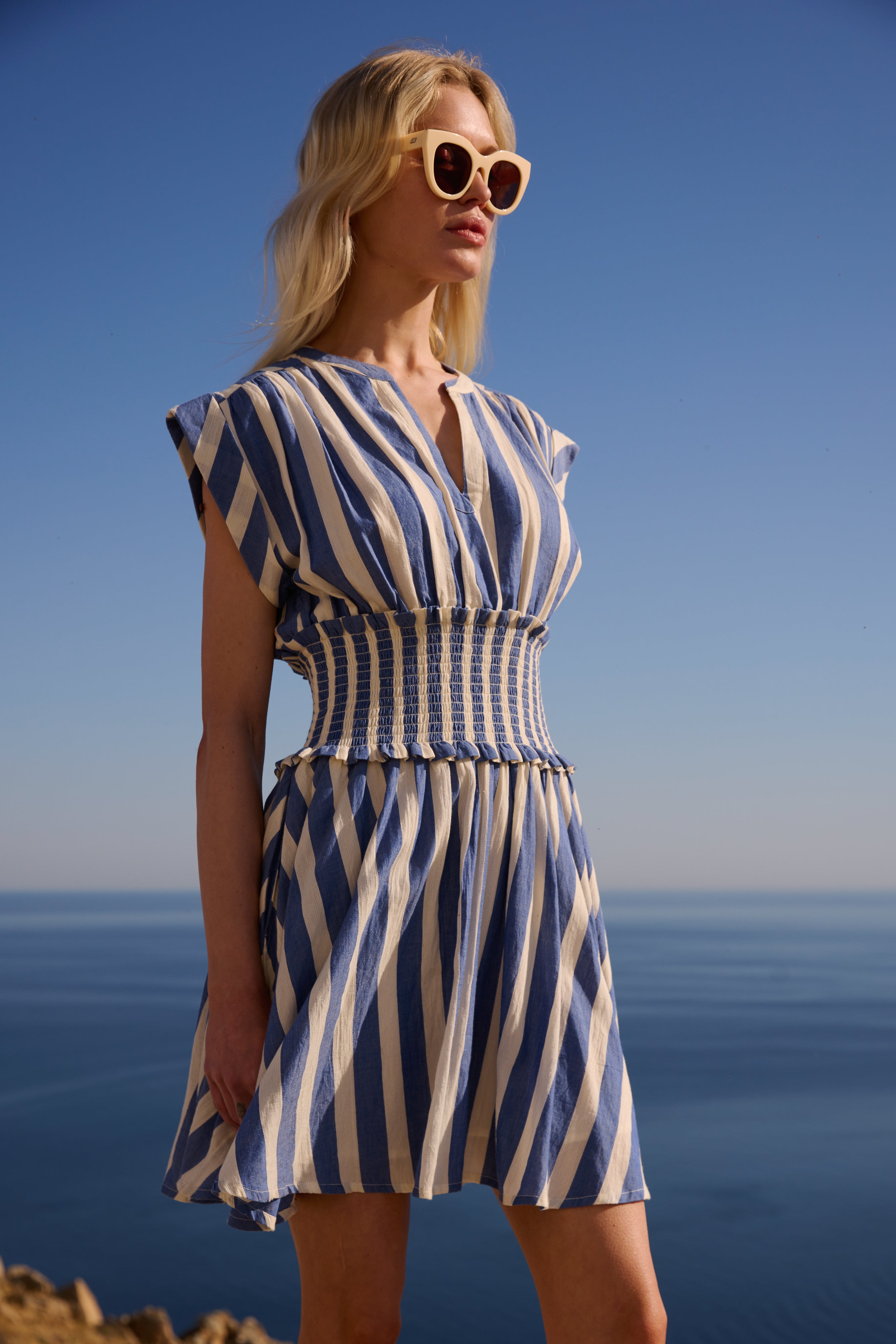 Smocked Waist Roll Sleeve- Solana Blue