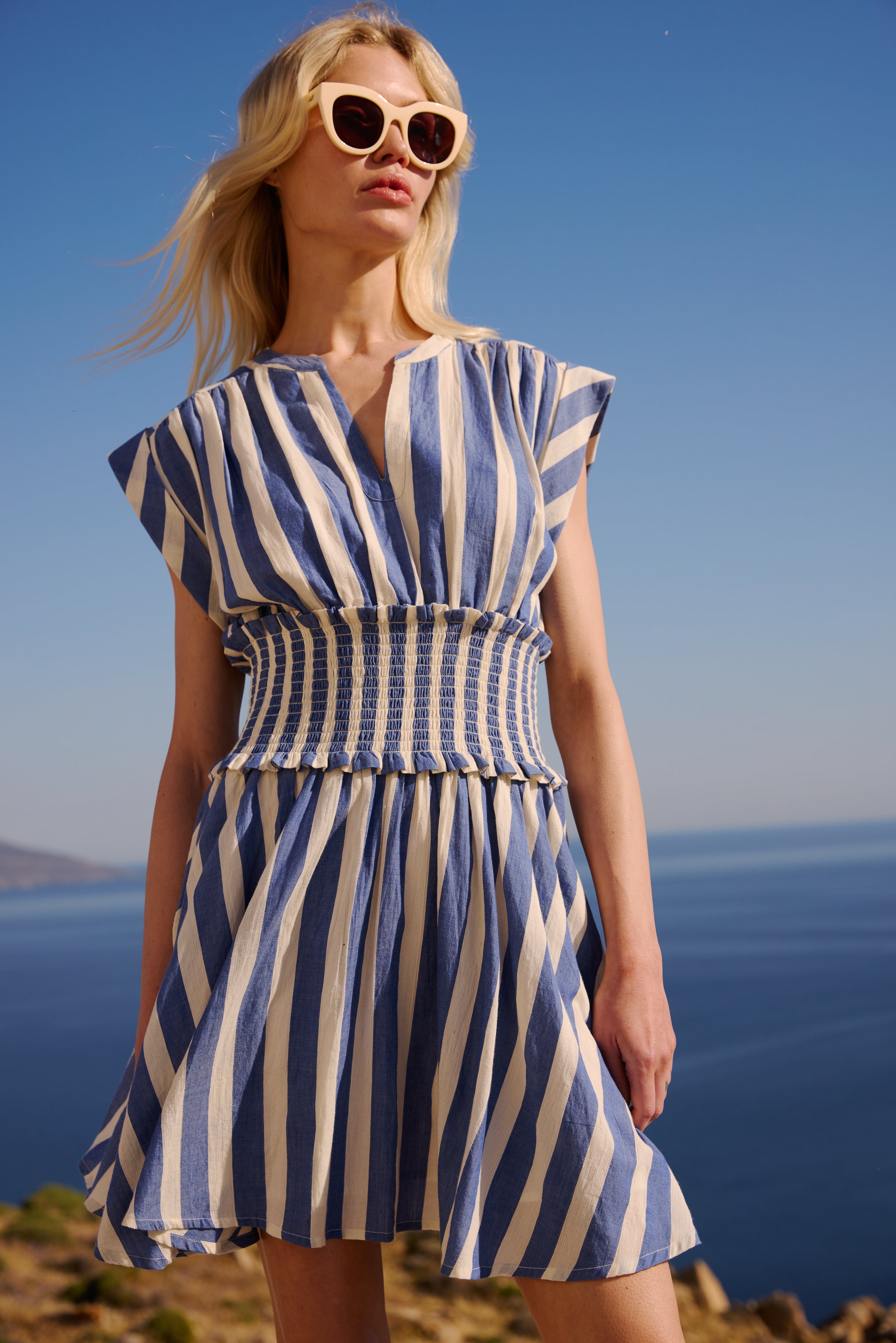 Smocked Waist Roll Sleeve- Solana Blue