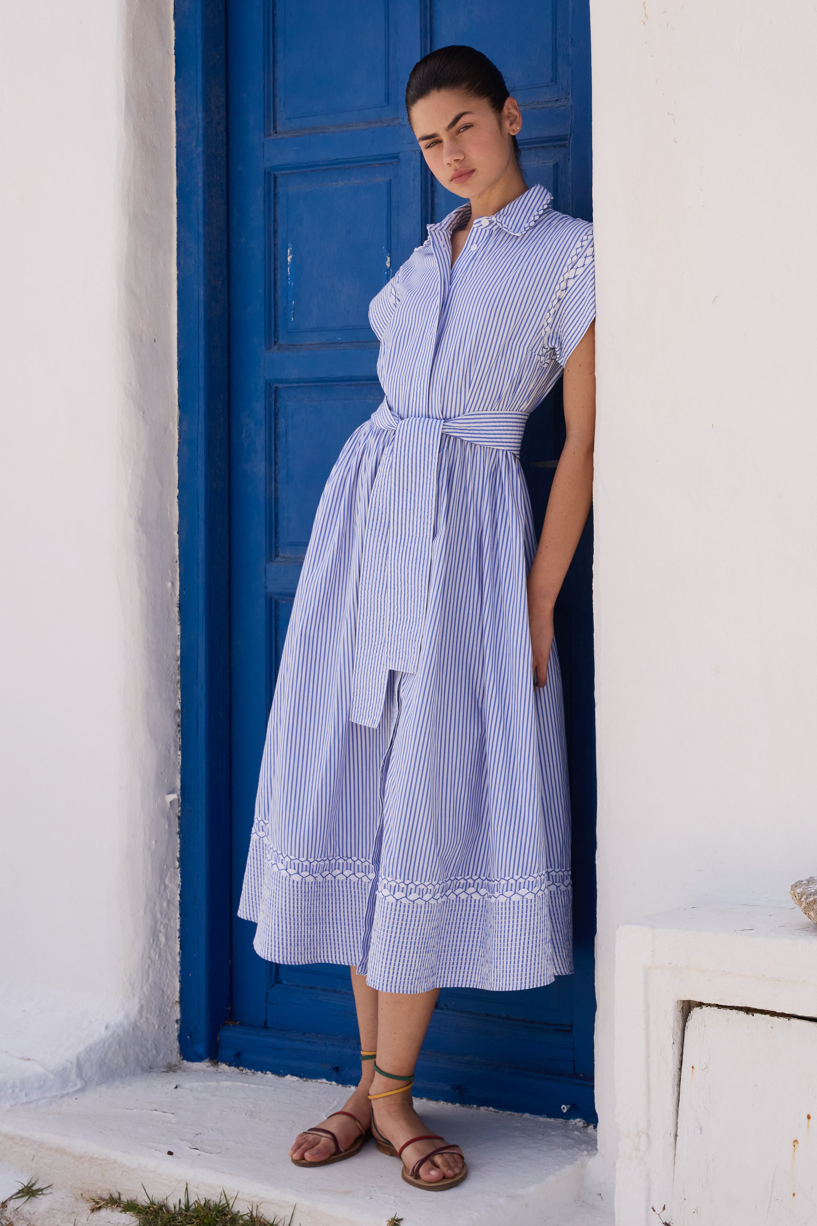 Belted Shirt Dress- Sconset Blue