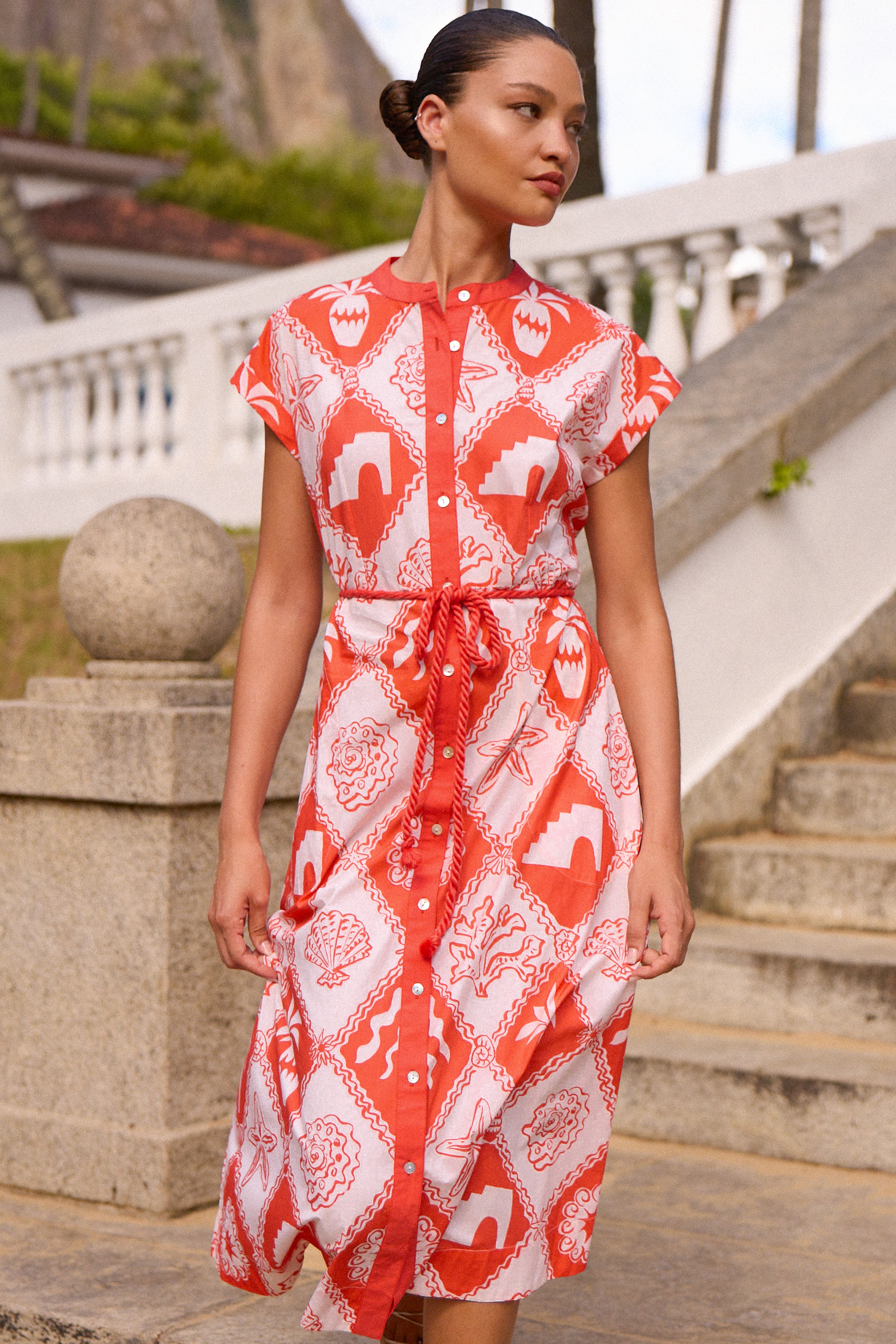 Cap Sleeve Shirt Dress Midi- Asterias Red