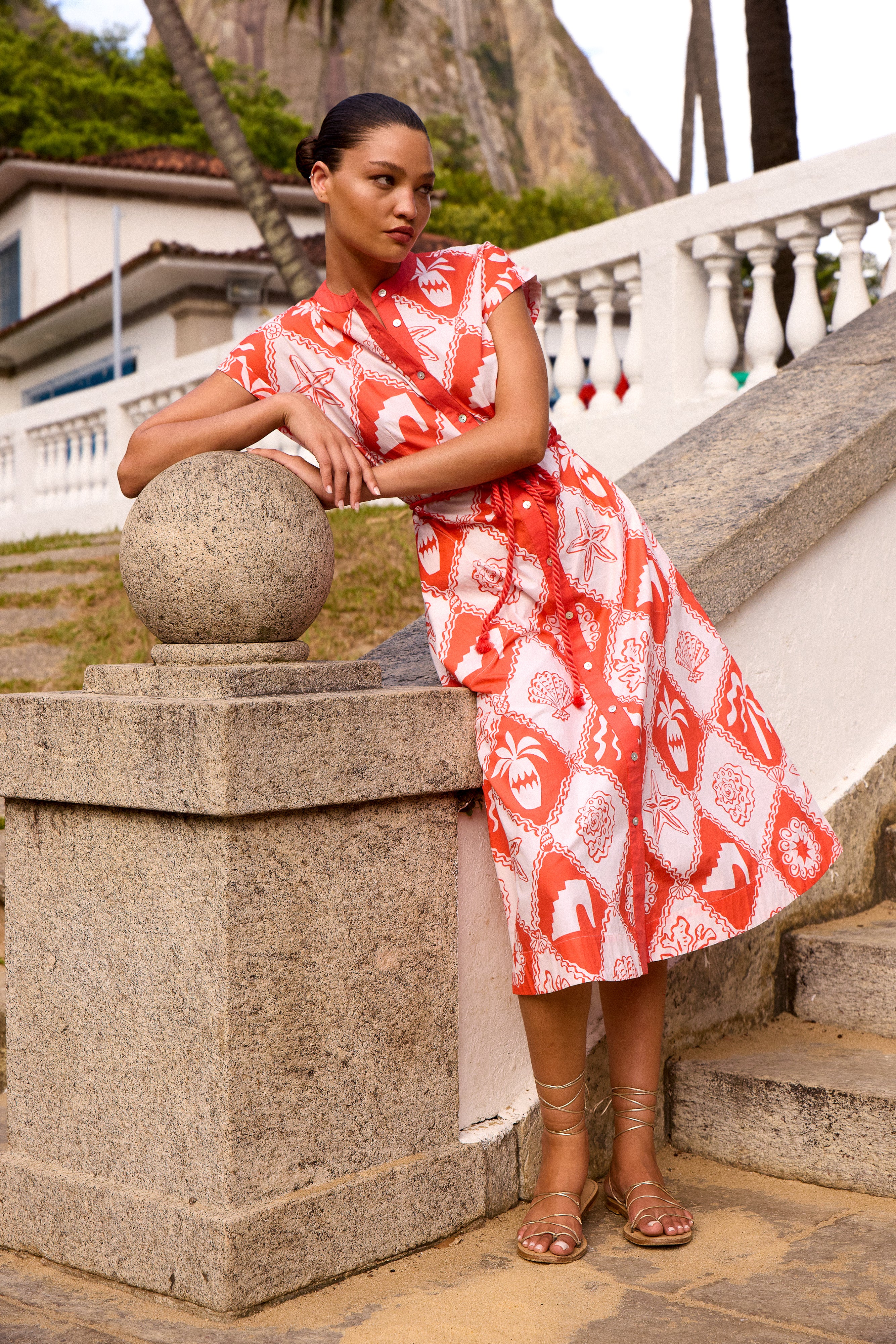 Cap Sleeve Shirt Dress Midi- Asterias Red