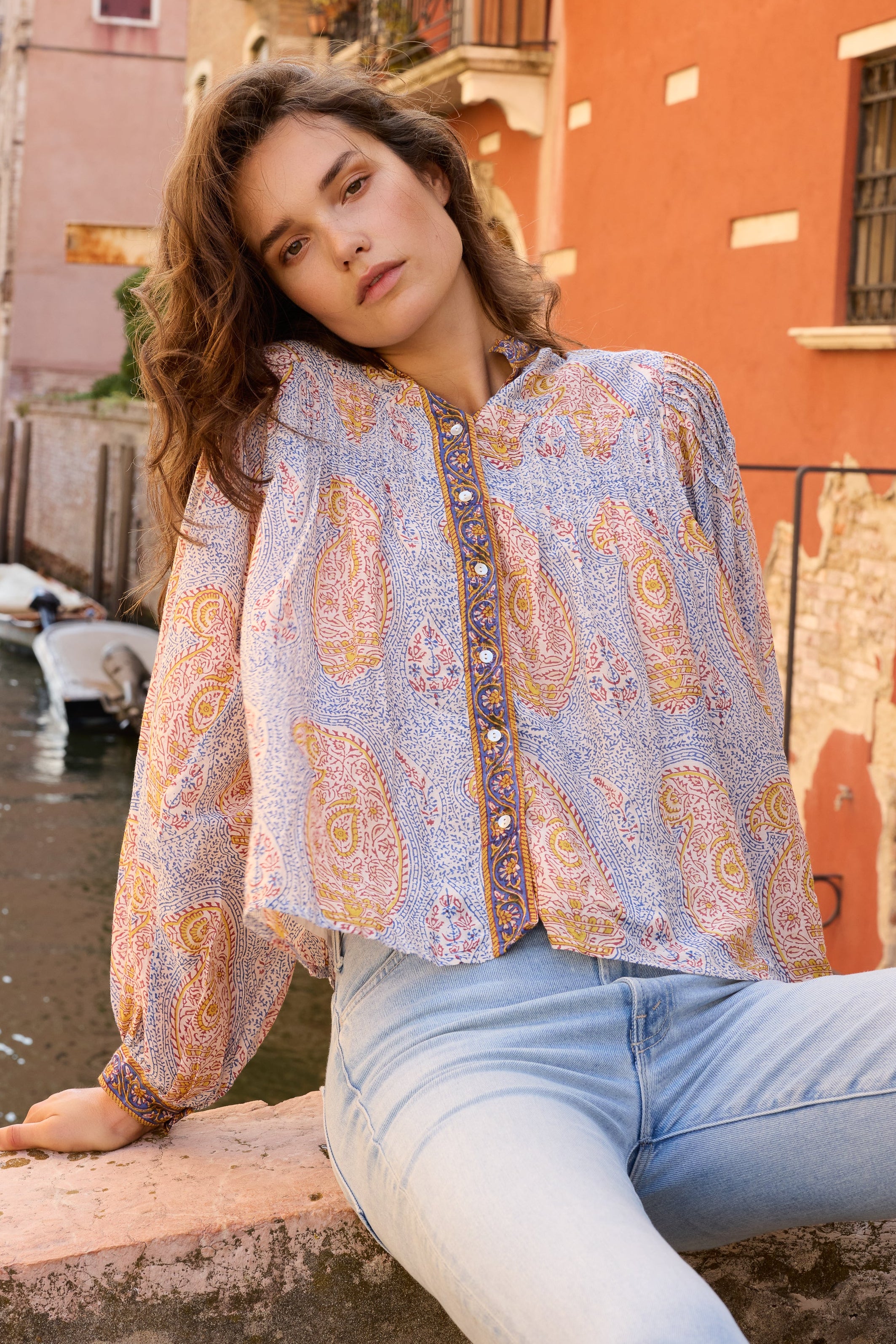Mandarin Pintuck Blouse- Samode Cobalt