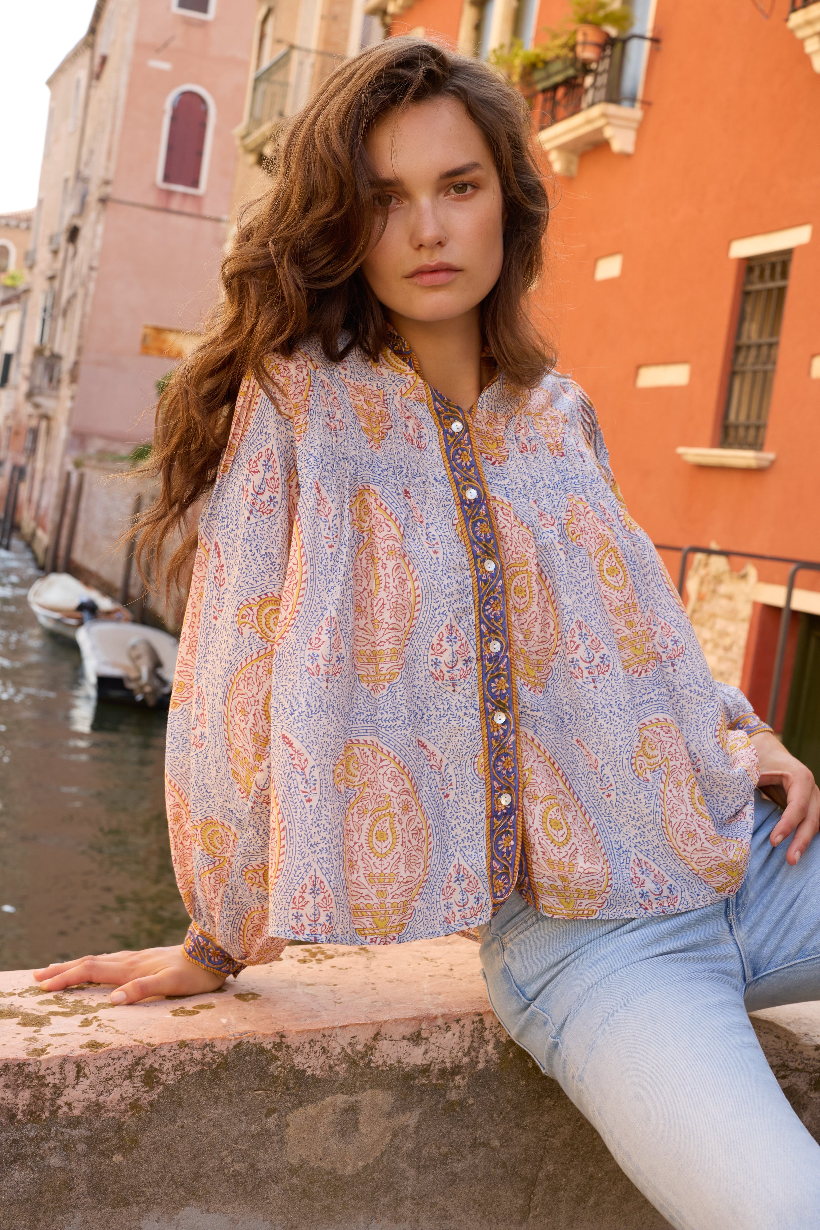 Mandarin Pintuck Blouse- Samode Cobalt