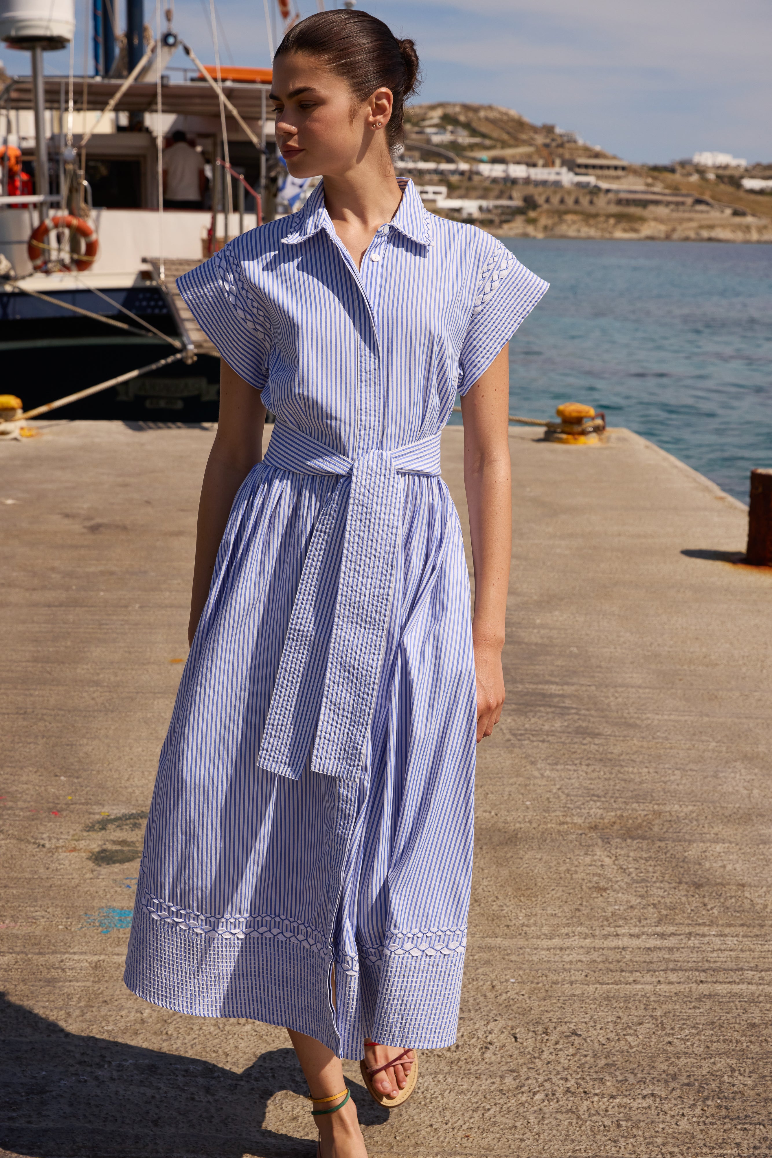 Belted Shirt Dress- Sconset Blue