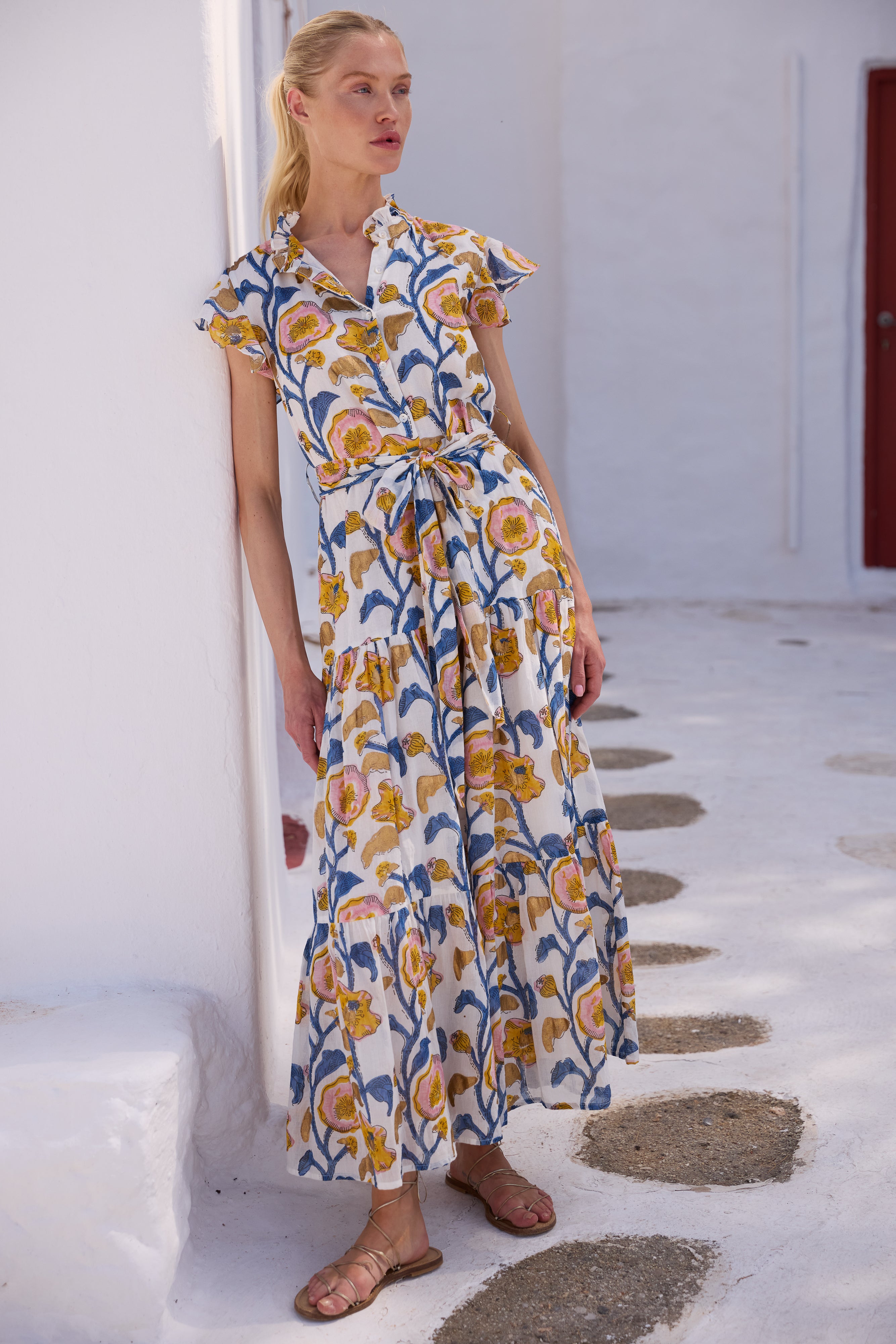 Ruffle Collar Button Maxi- Poppy Marigold