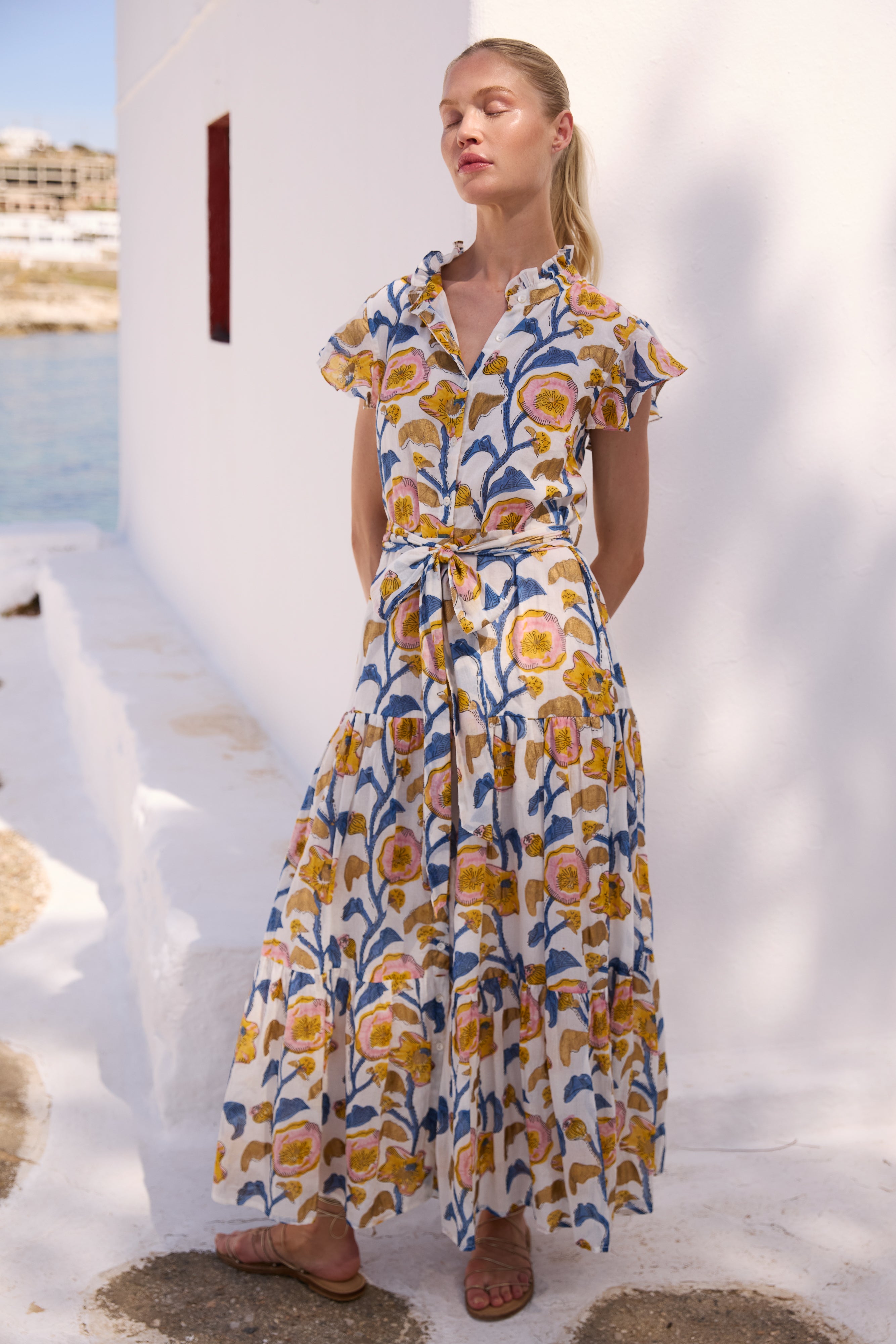 Ruffle Collar Button Maxi- Poppy Marigold