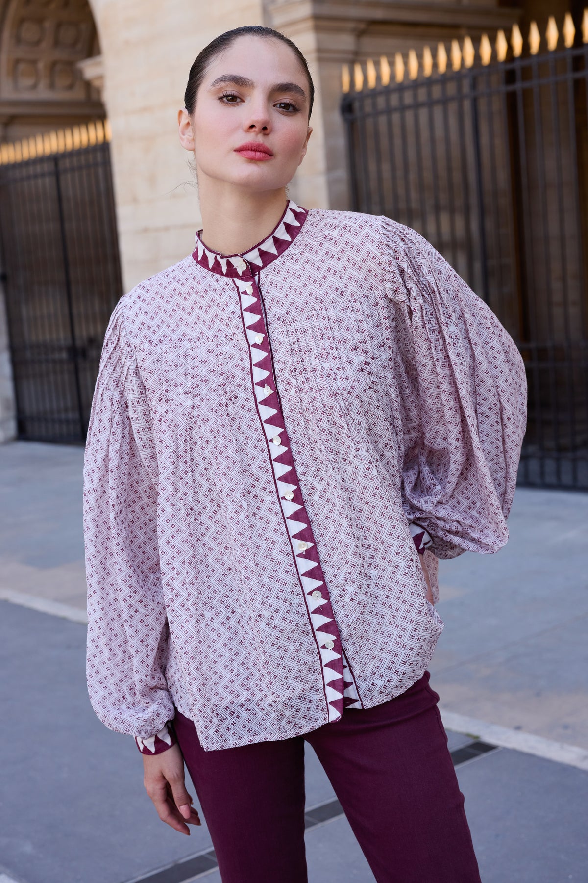 Mandarin Pintuck Blouse- Manali Wine