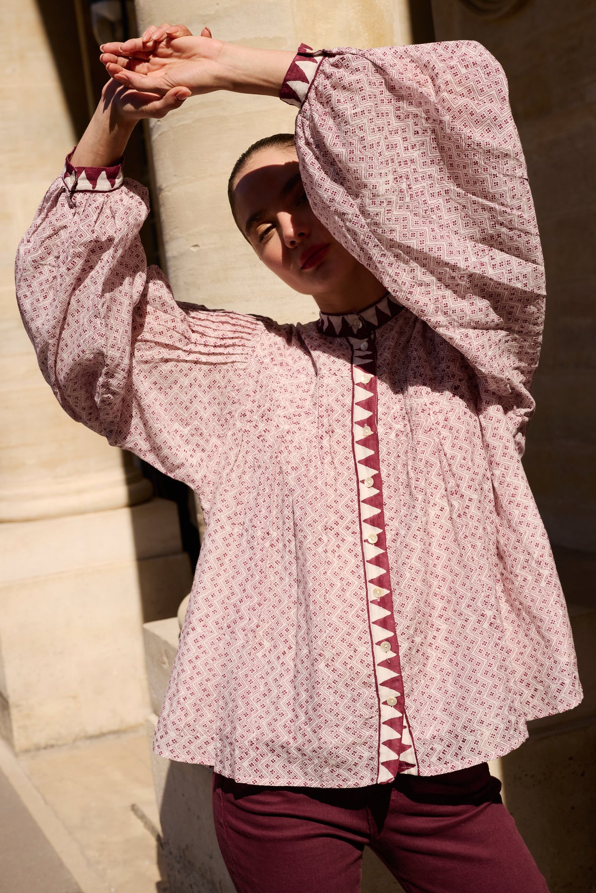Mandarin Pintuck Blouse- Manali Wine