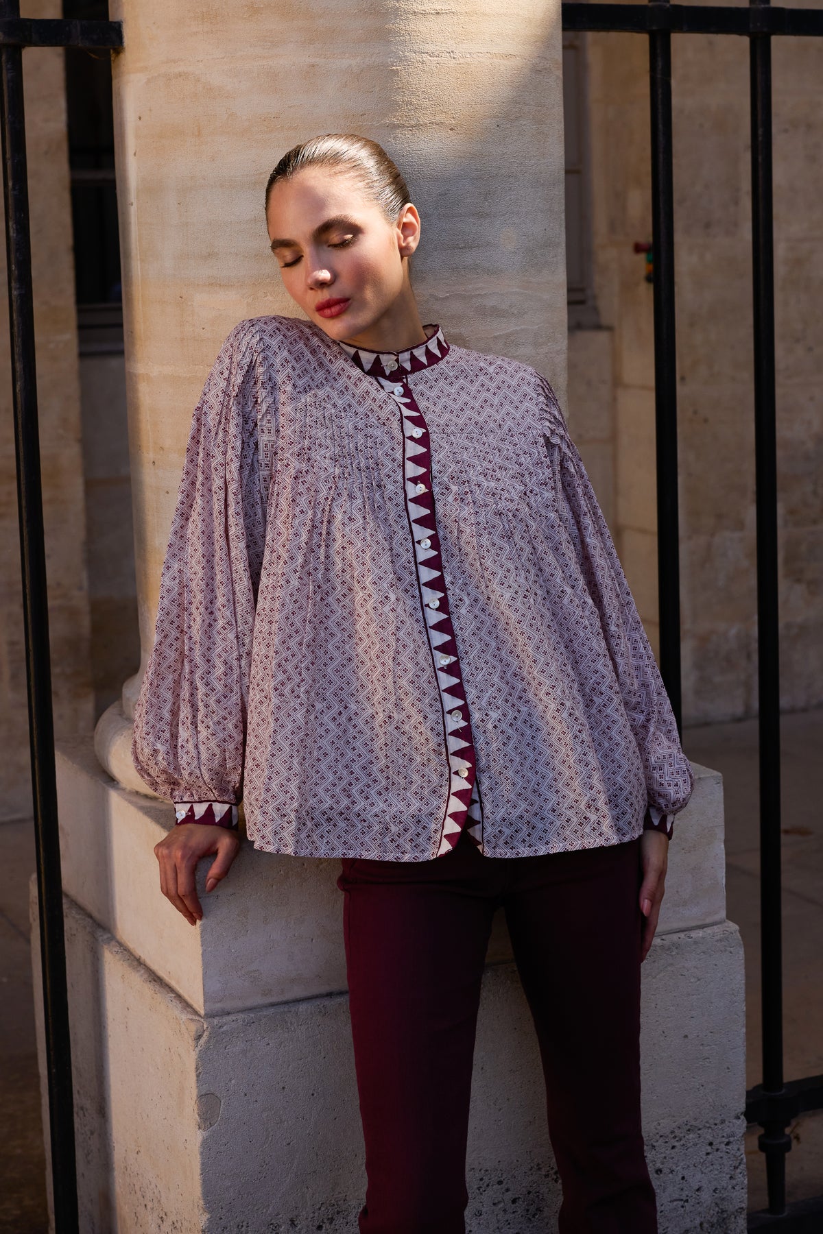 Mandarin Pintuck Blouse- Manali Wine