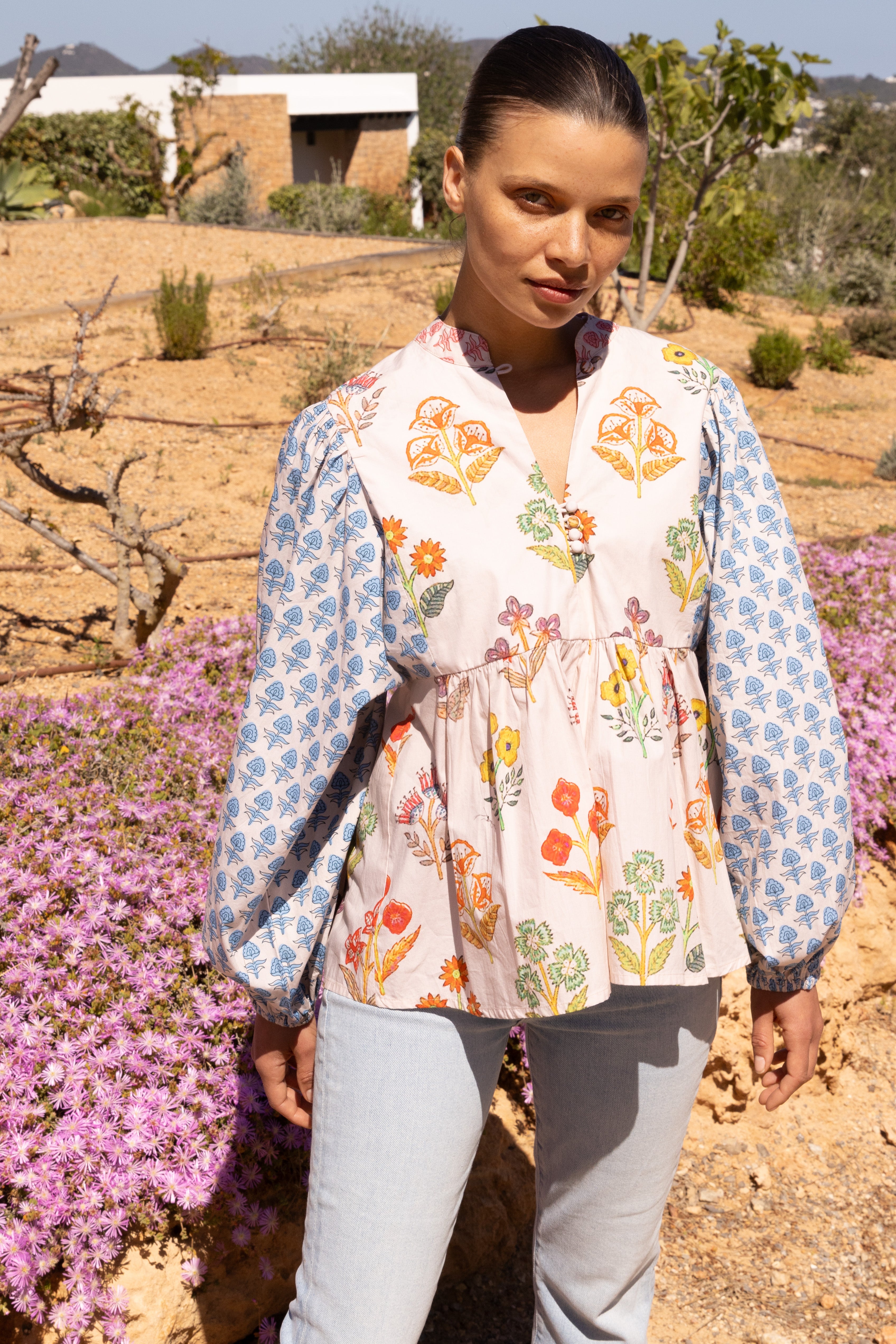 Mandarin Balloon Top- Provence Blue