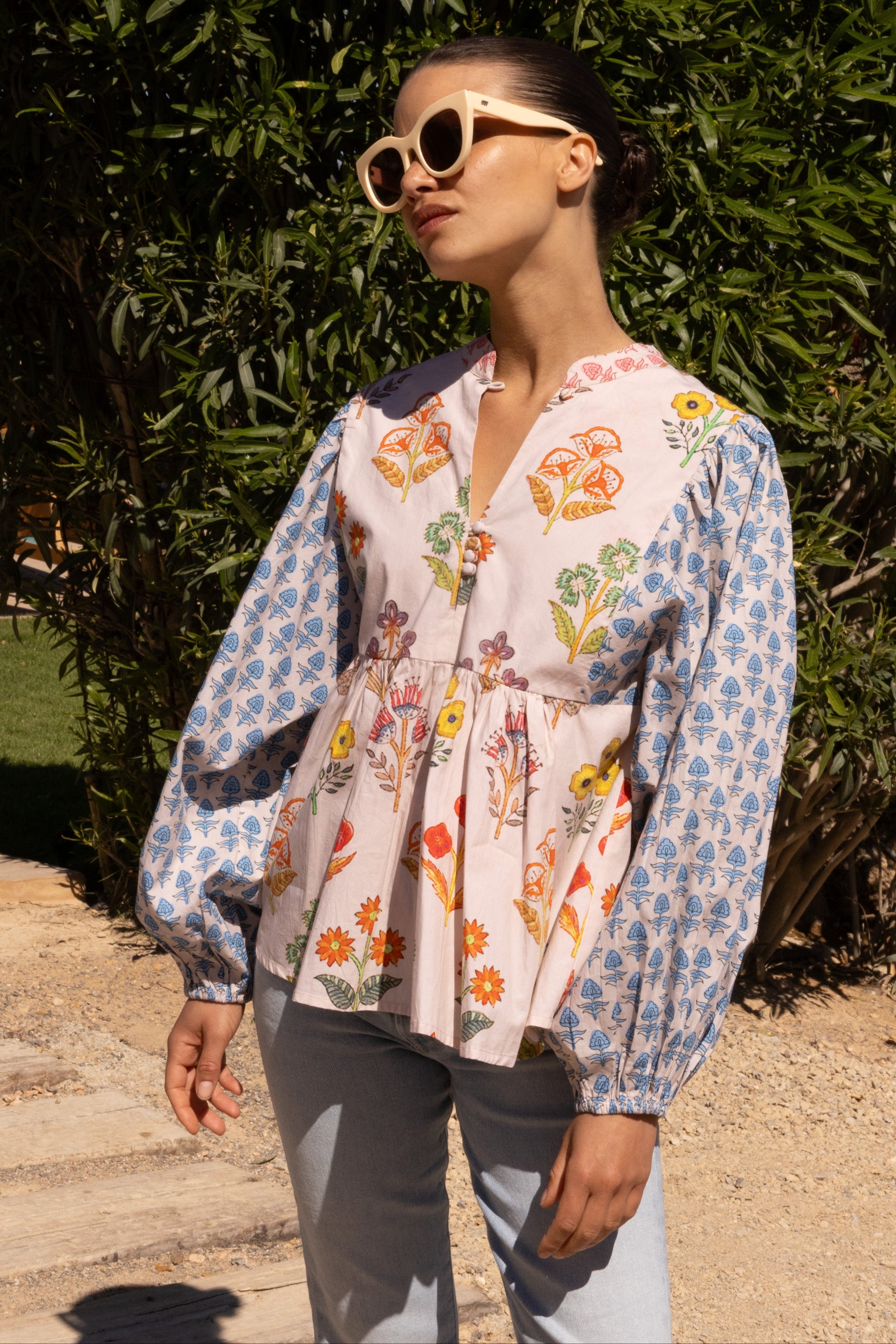 Mandarin Balloon Top- Provence Blue