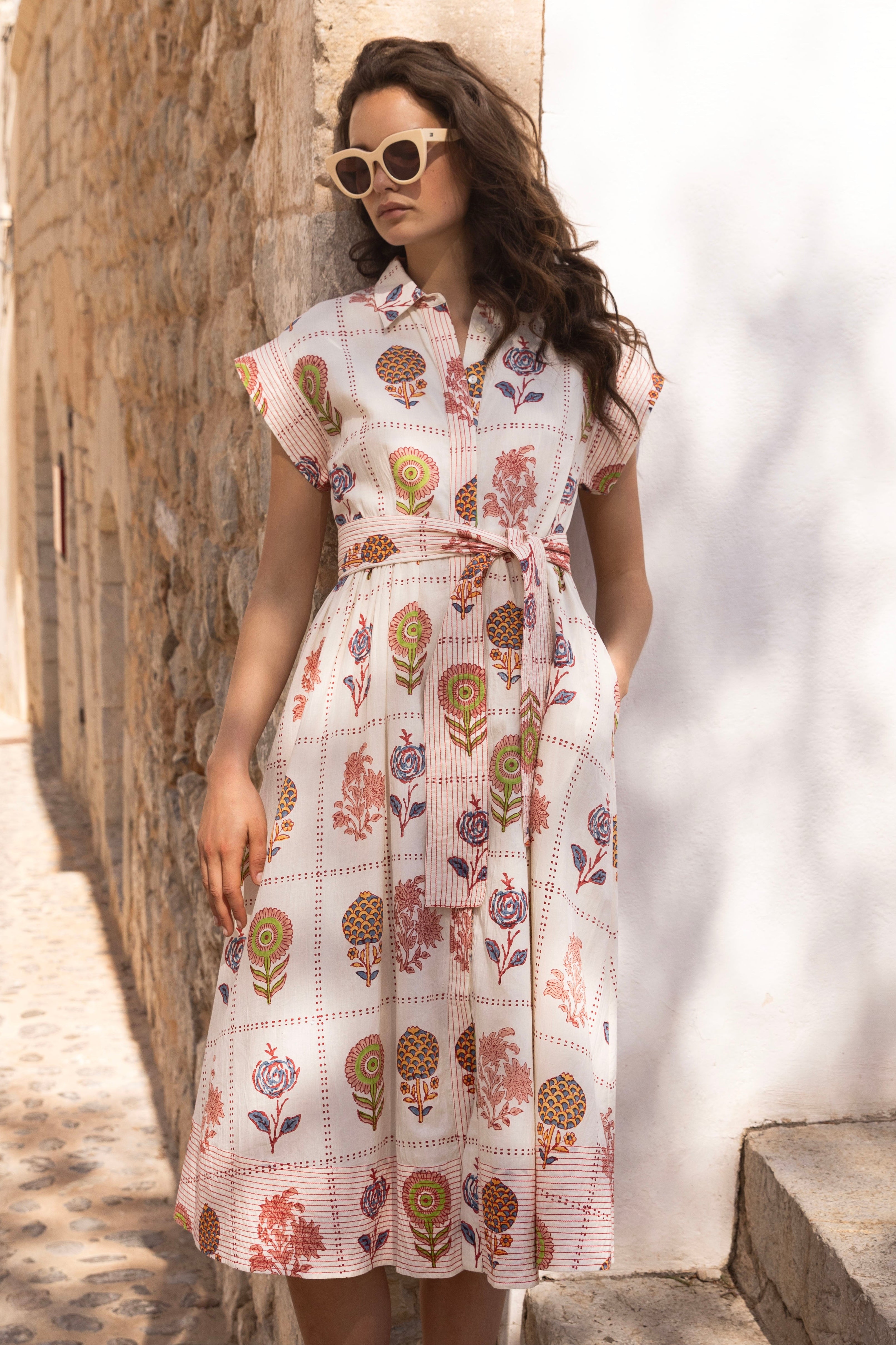 Belted Shirt Dress- Taormina Cream