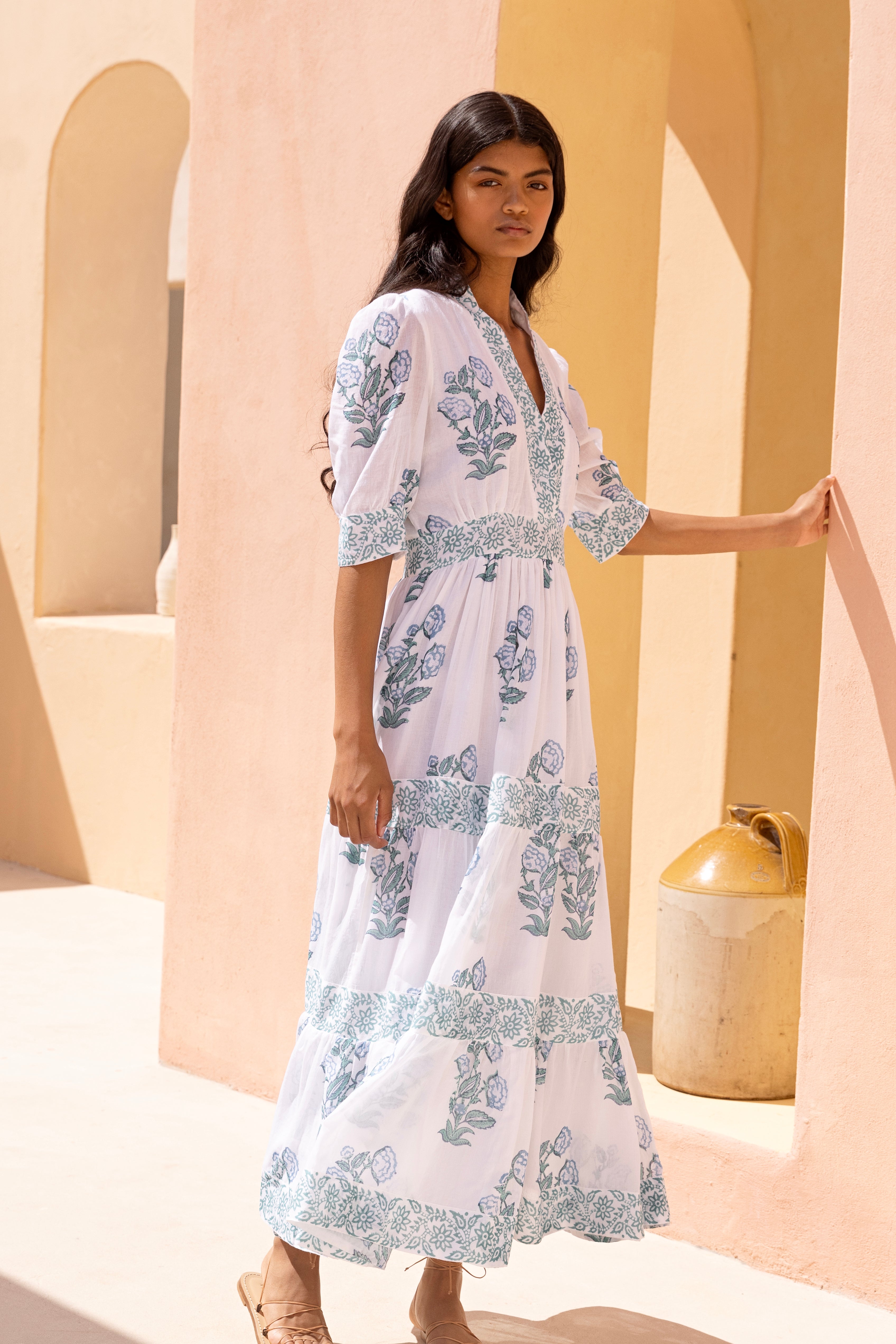 V-Neck Cuffed Maxi- Salvia Green