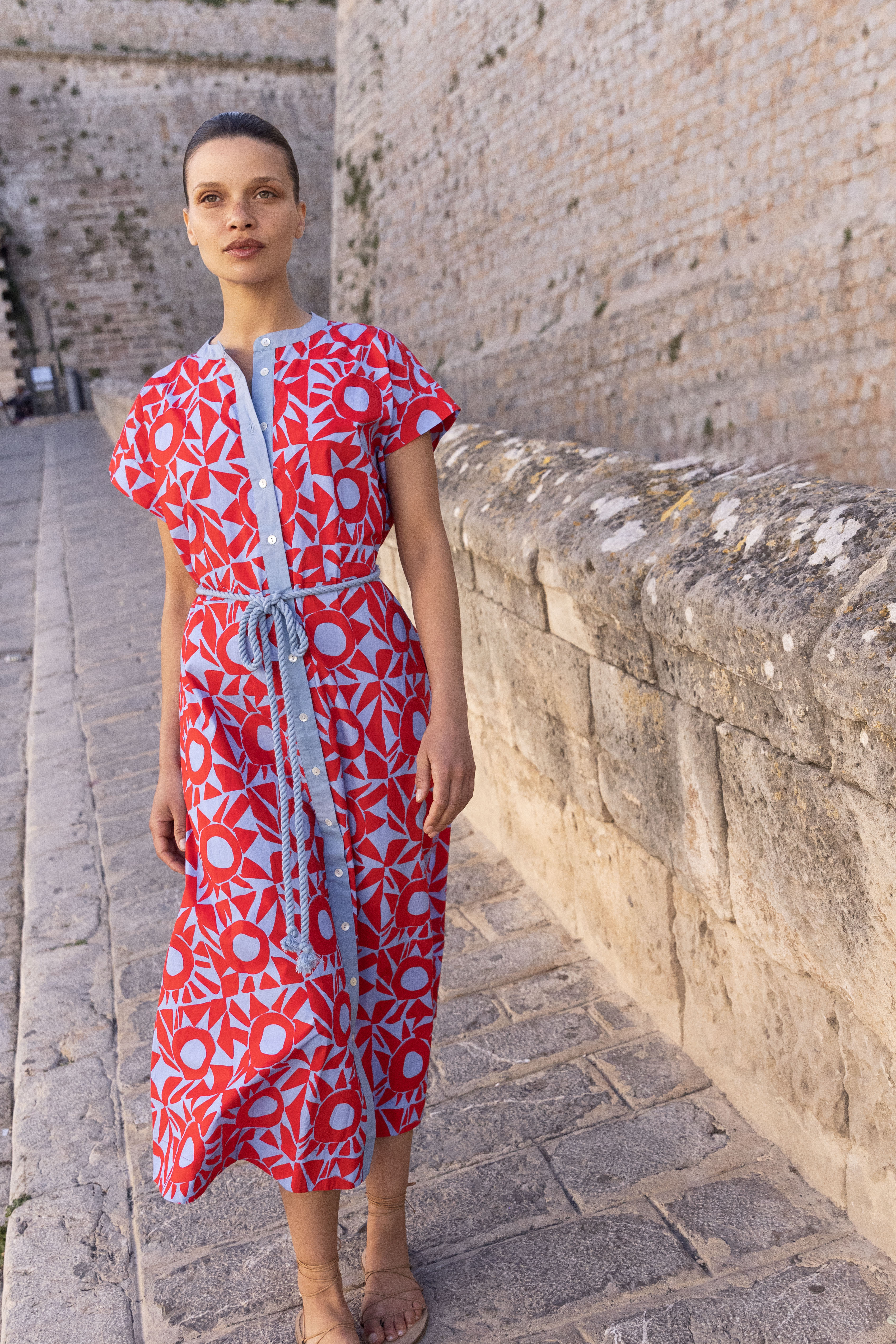 Cap Sleeve Shirt Dress Midi- Eclipse Red