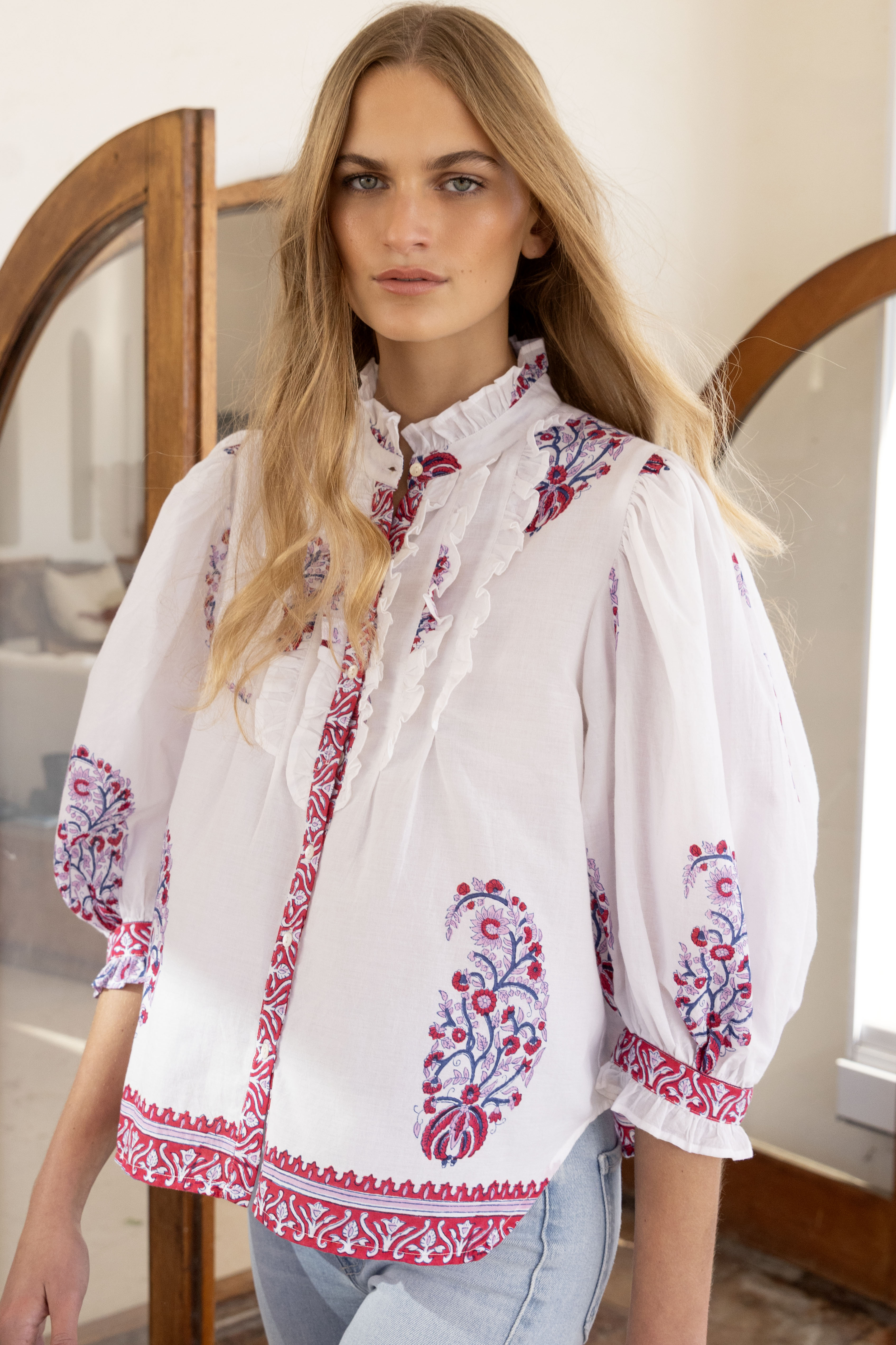 Ruffle Front Button Blouse- Verna Red