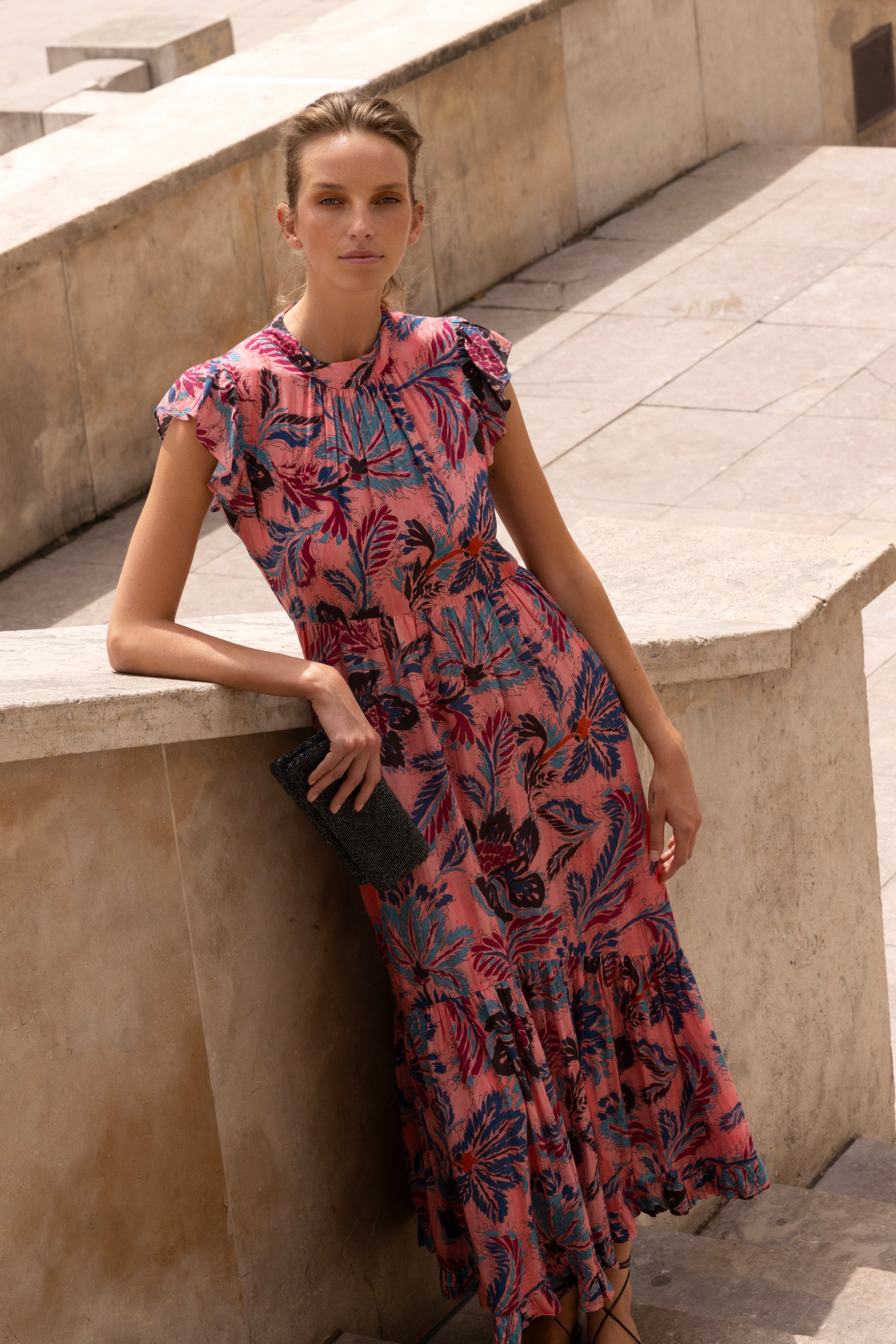 Mock Neck Flutter Maxi- Chennai Rose