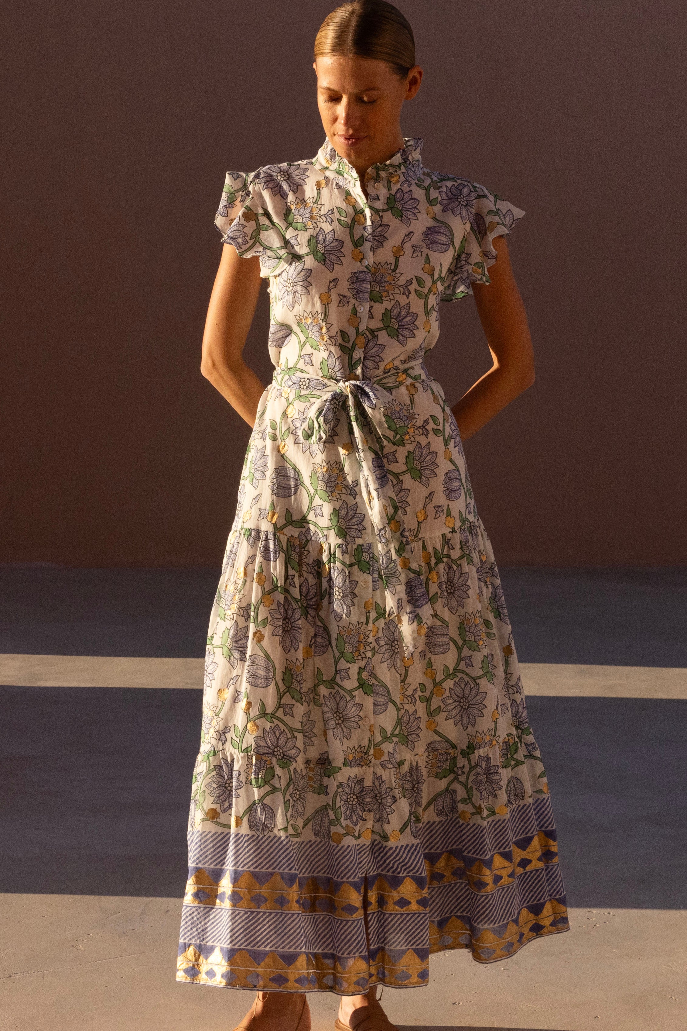 Ruffle Collar Button Maxi- Presidio Blue