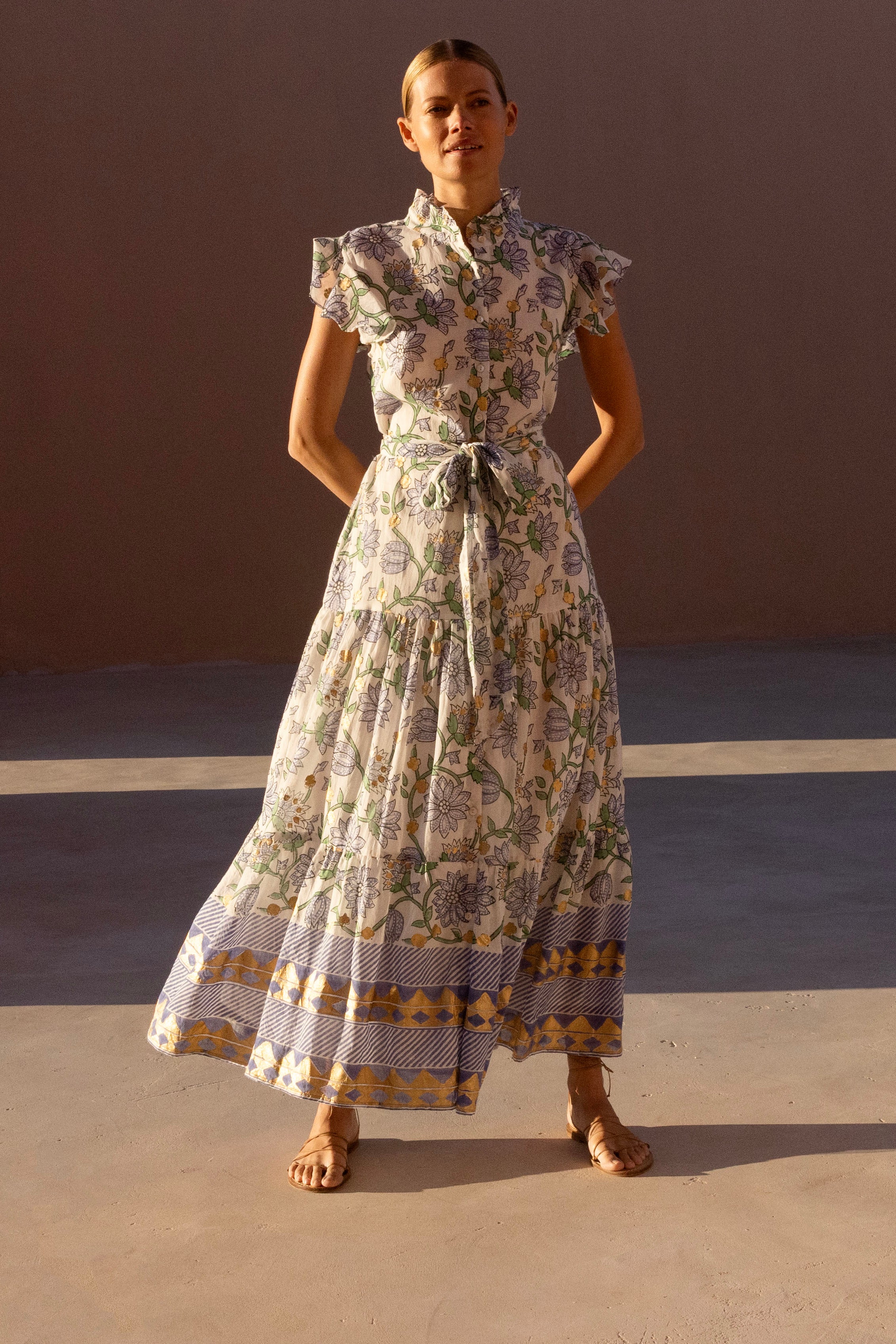 Ruffle Collar Button Maxi- Presidio Blue