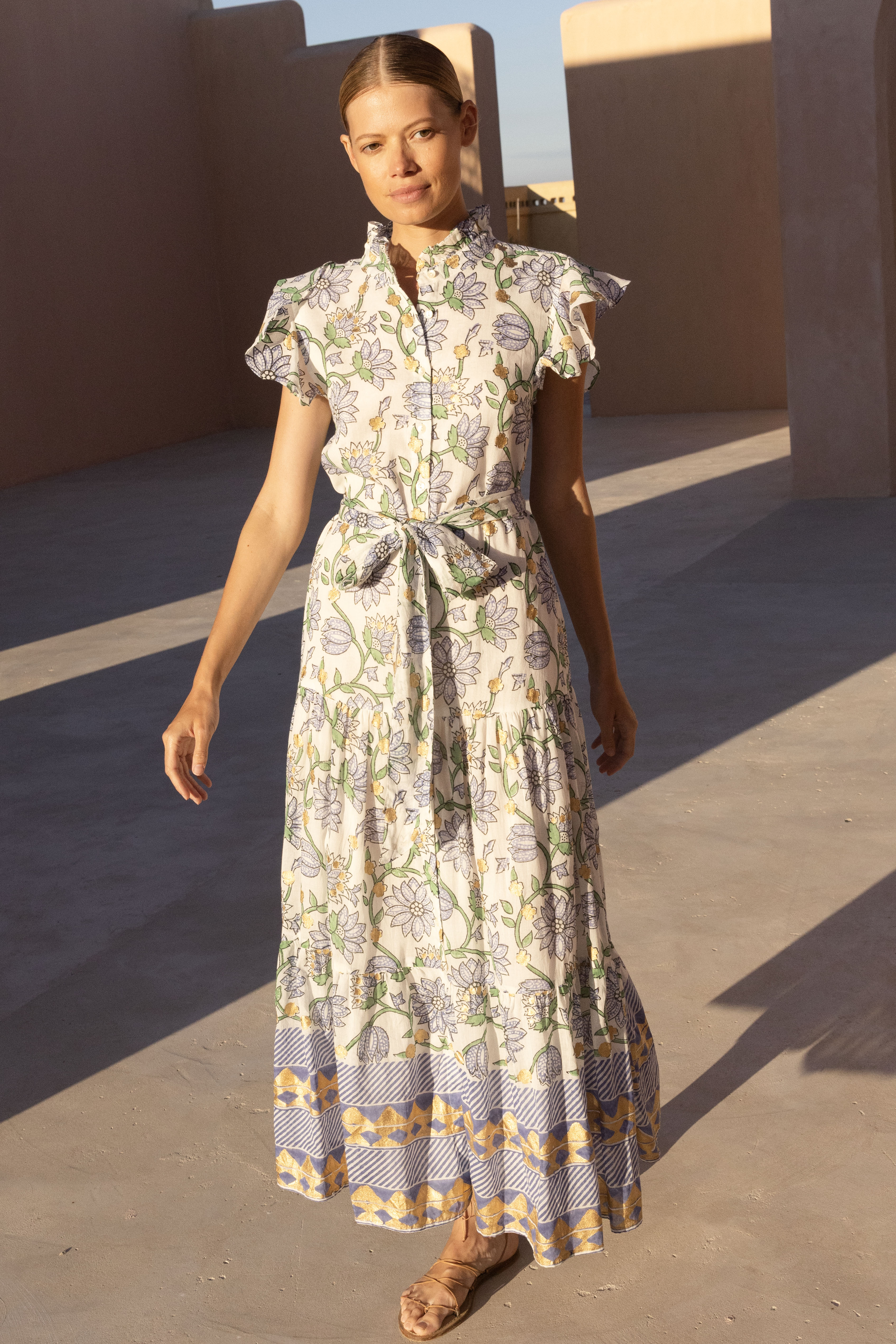 Ruffle Collar Button Maxi- Presidio Blue