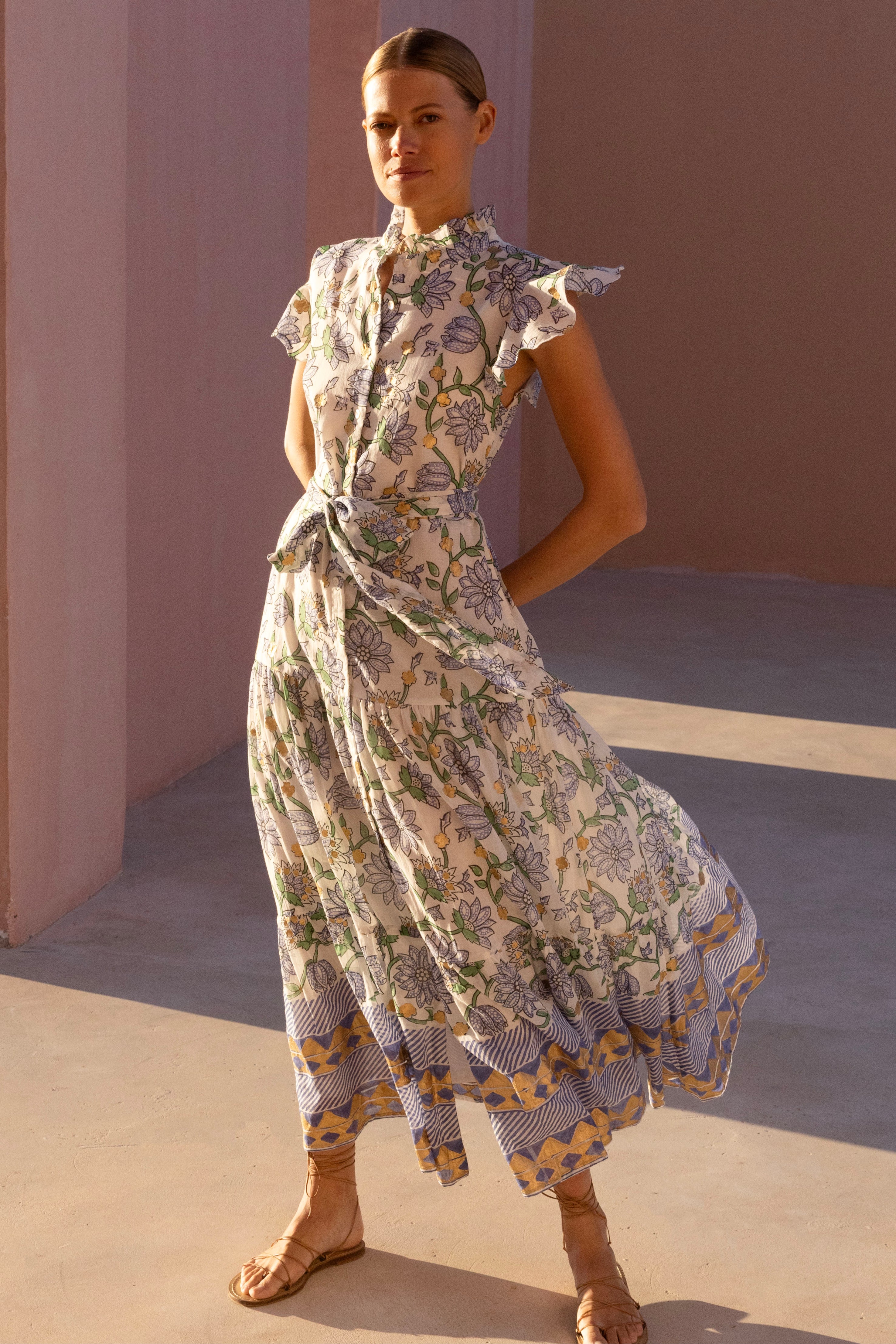 Ruffle Collar Button Maxi- Presidio Blue