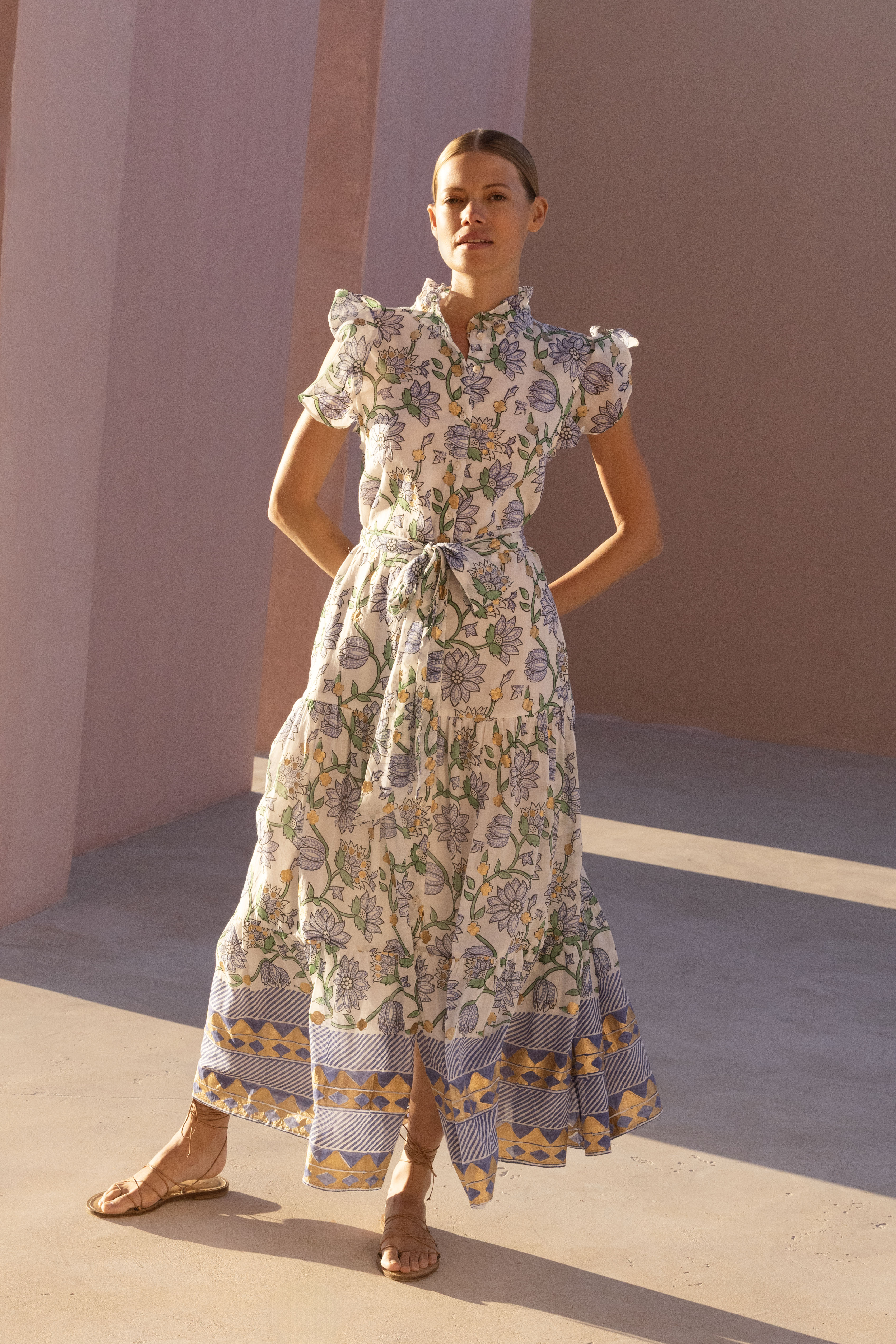 Ruffle Collar Button Maxi- Presidio Blue