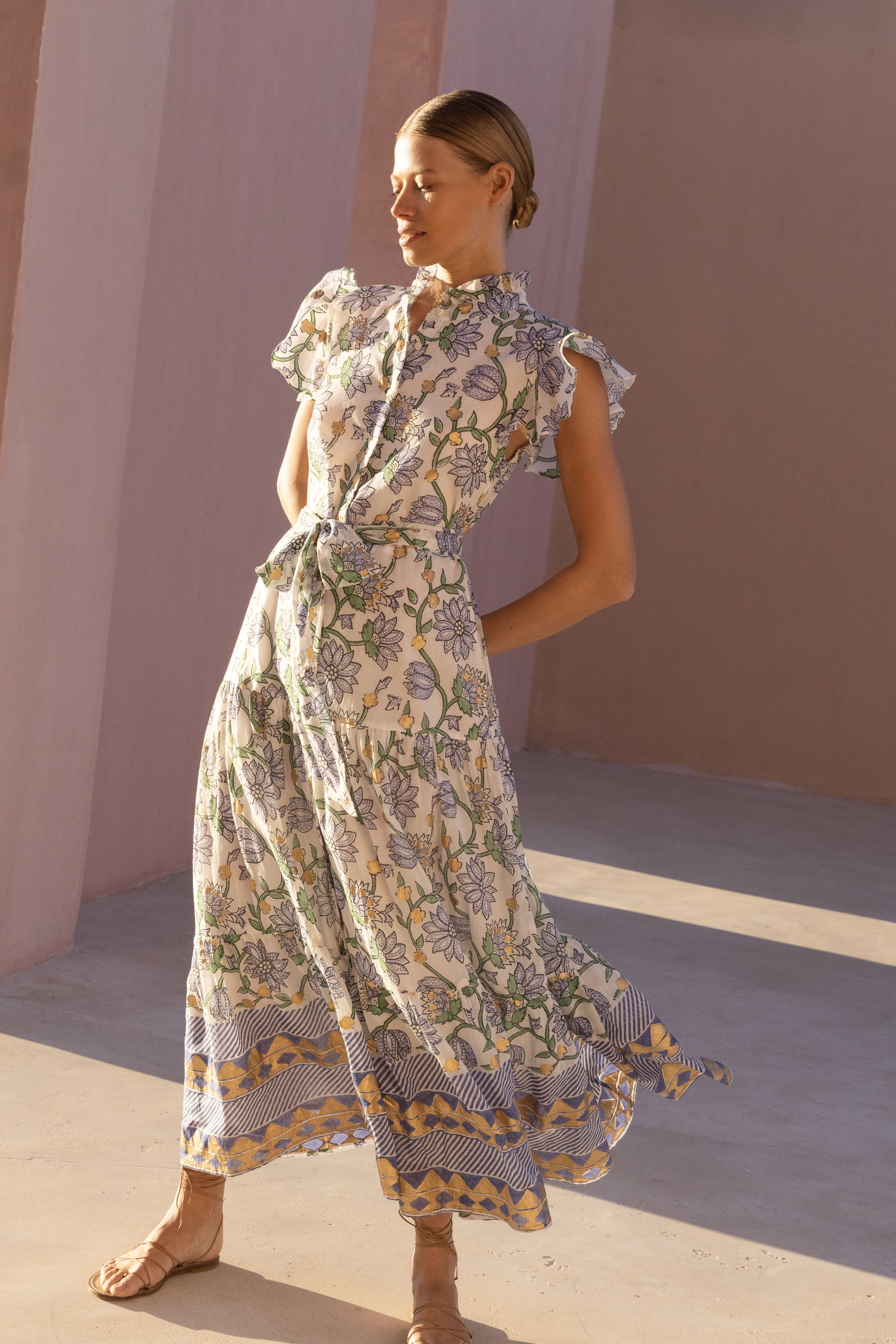 Ruffle Collar Button Maxi- Presidio Blue