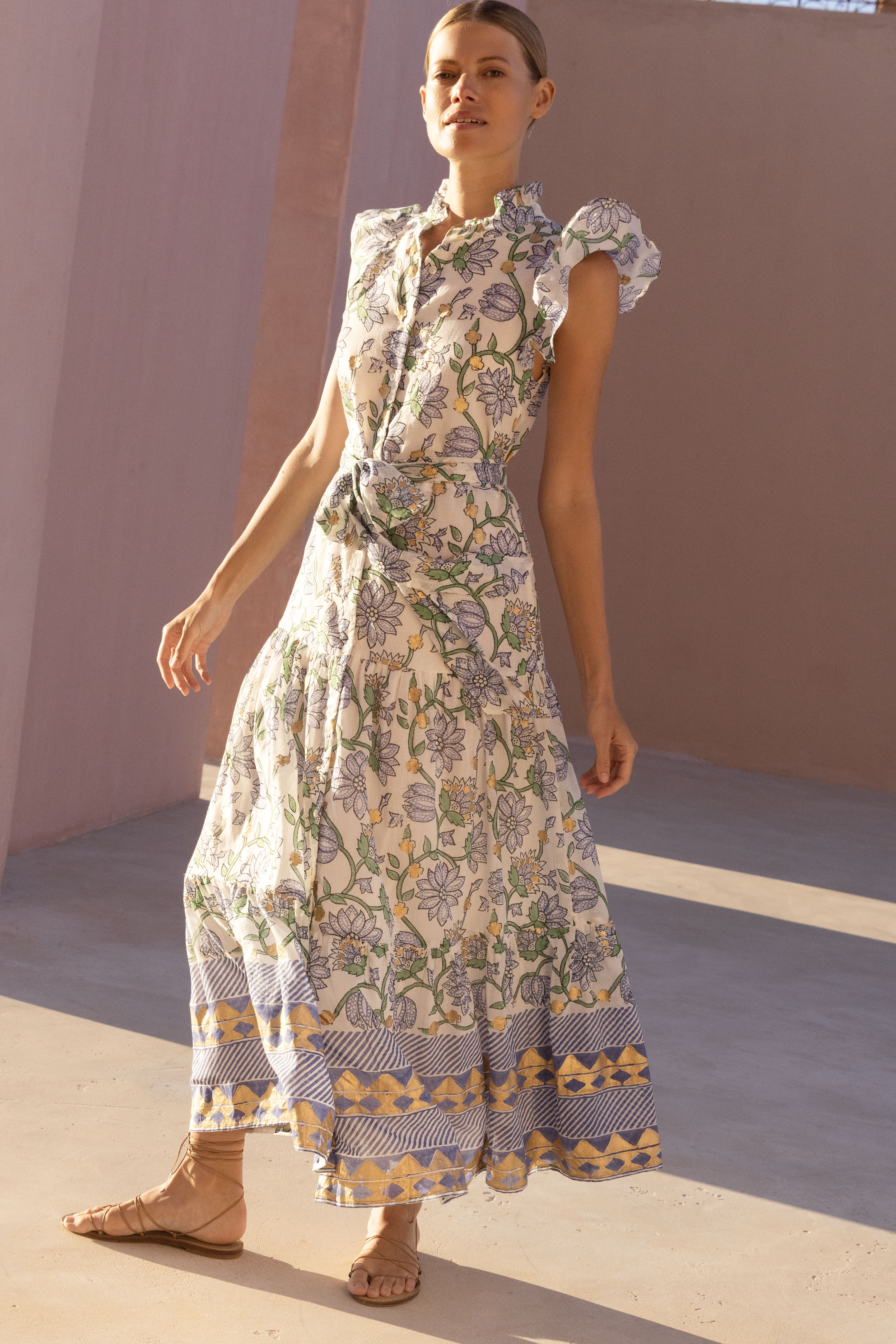 Ruffle Collar Button Maxi- Presidio Blue