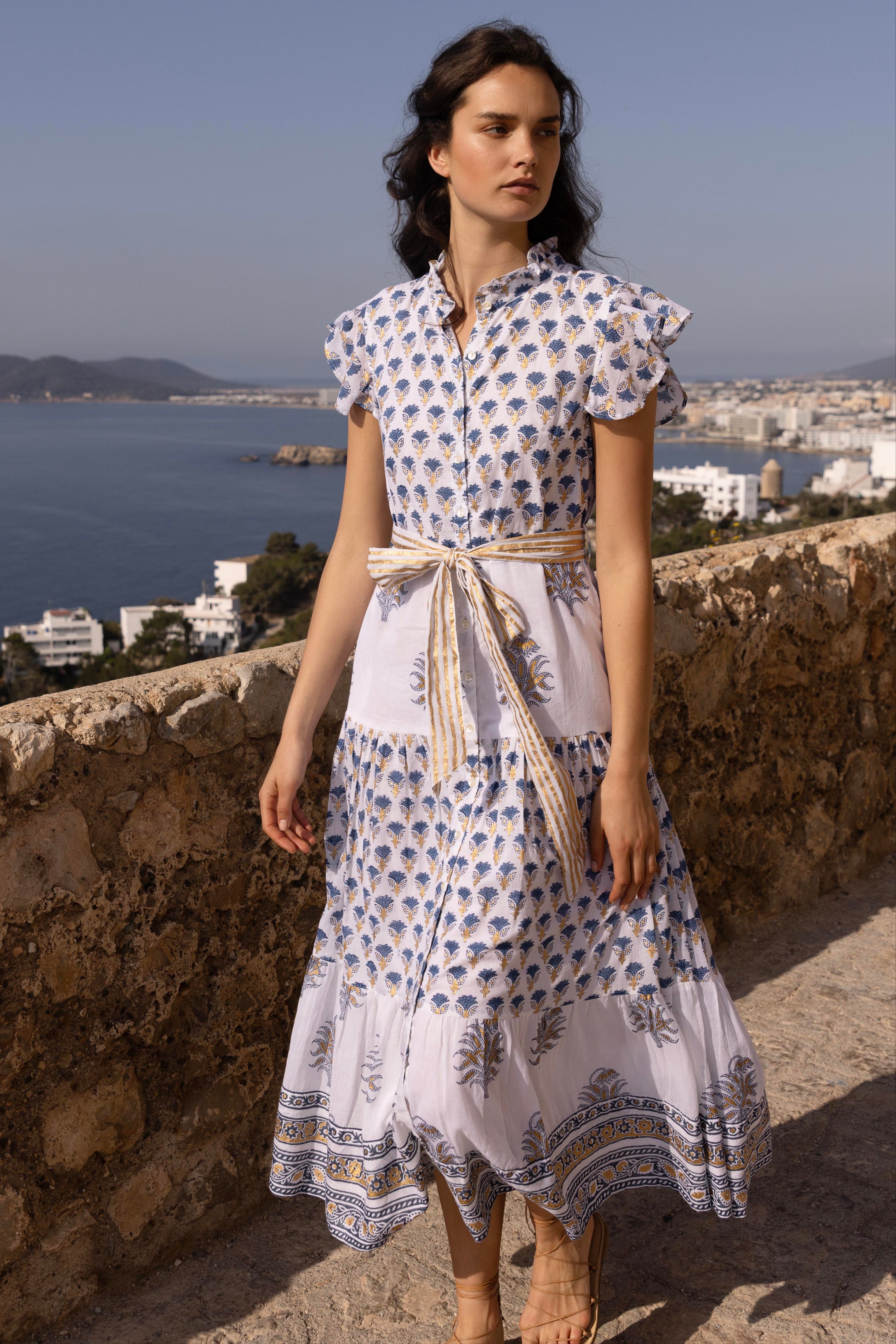 Ruffle Collar Button Maxi- Lotus Navy