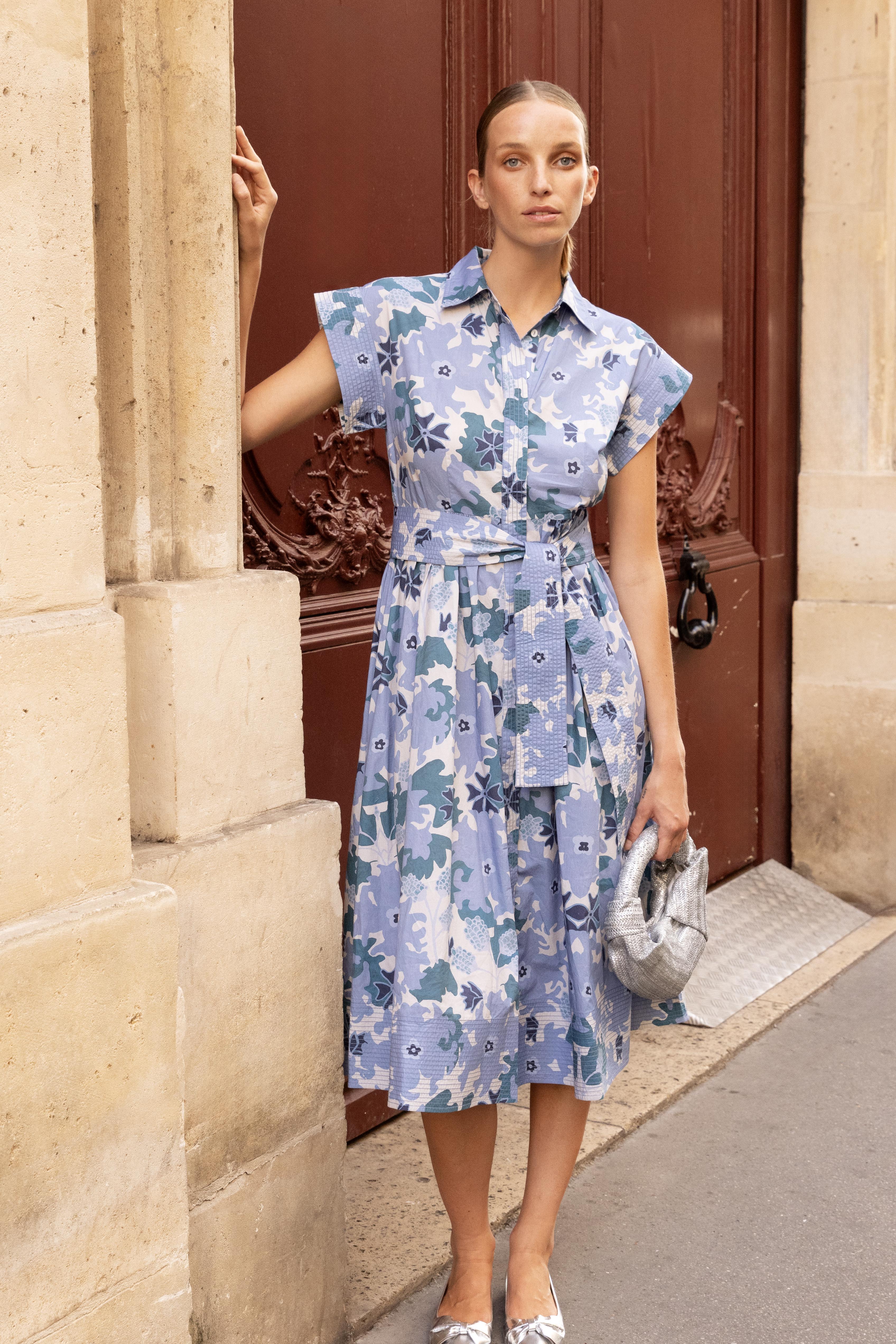 Belted Shirt Dress- Suzani Blue