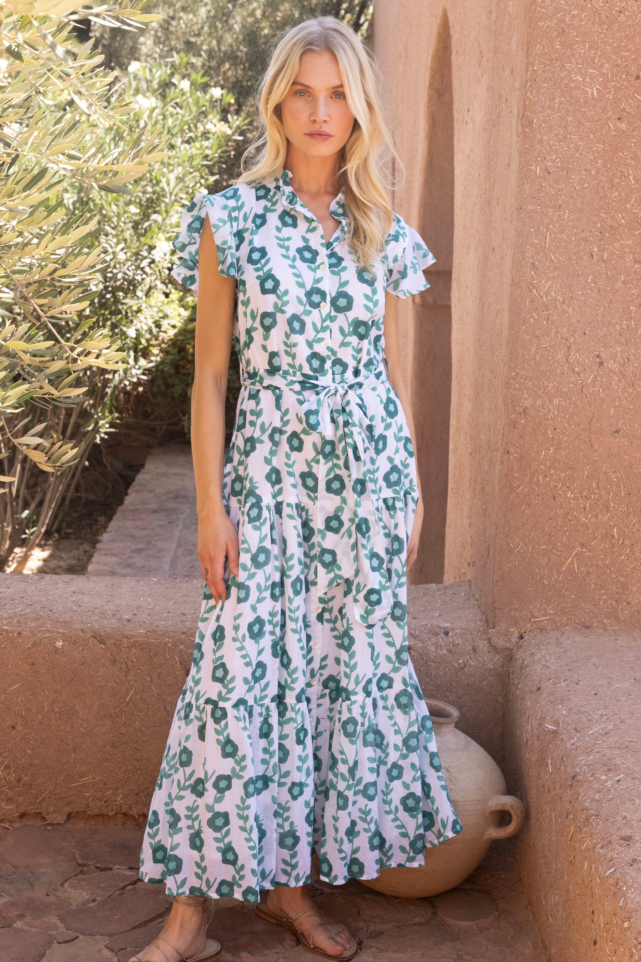 knee length dresses for ladies Ruffle Collar Button Maxi- Toscana Green