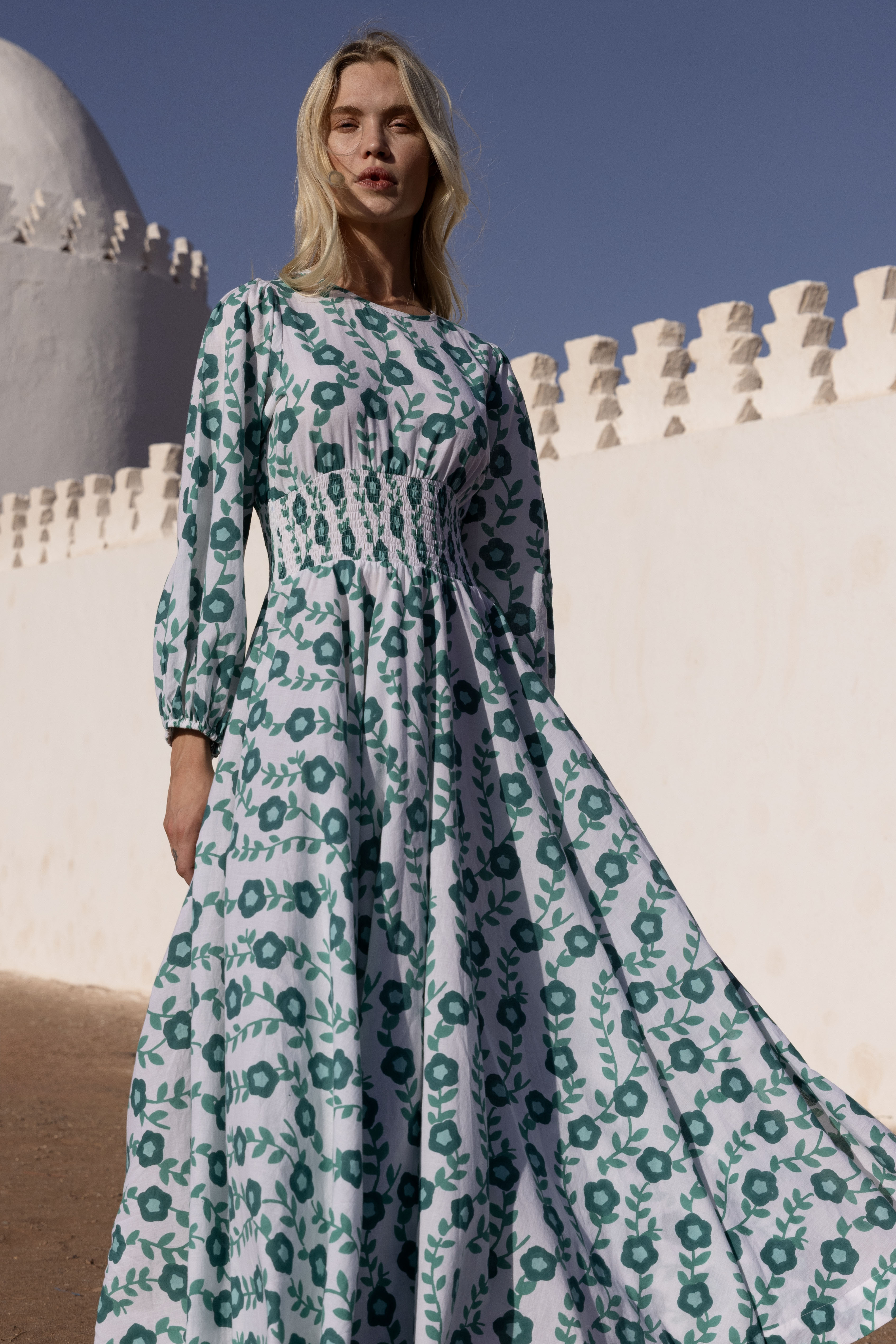 Crew Neck Smocked Waist Maxi- Toscana Green