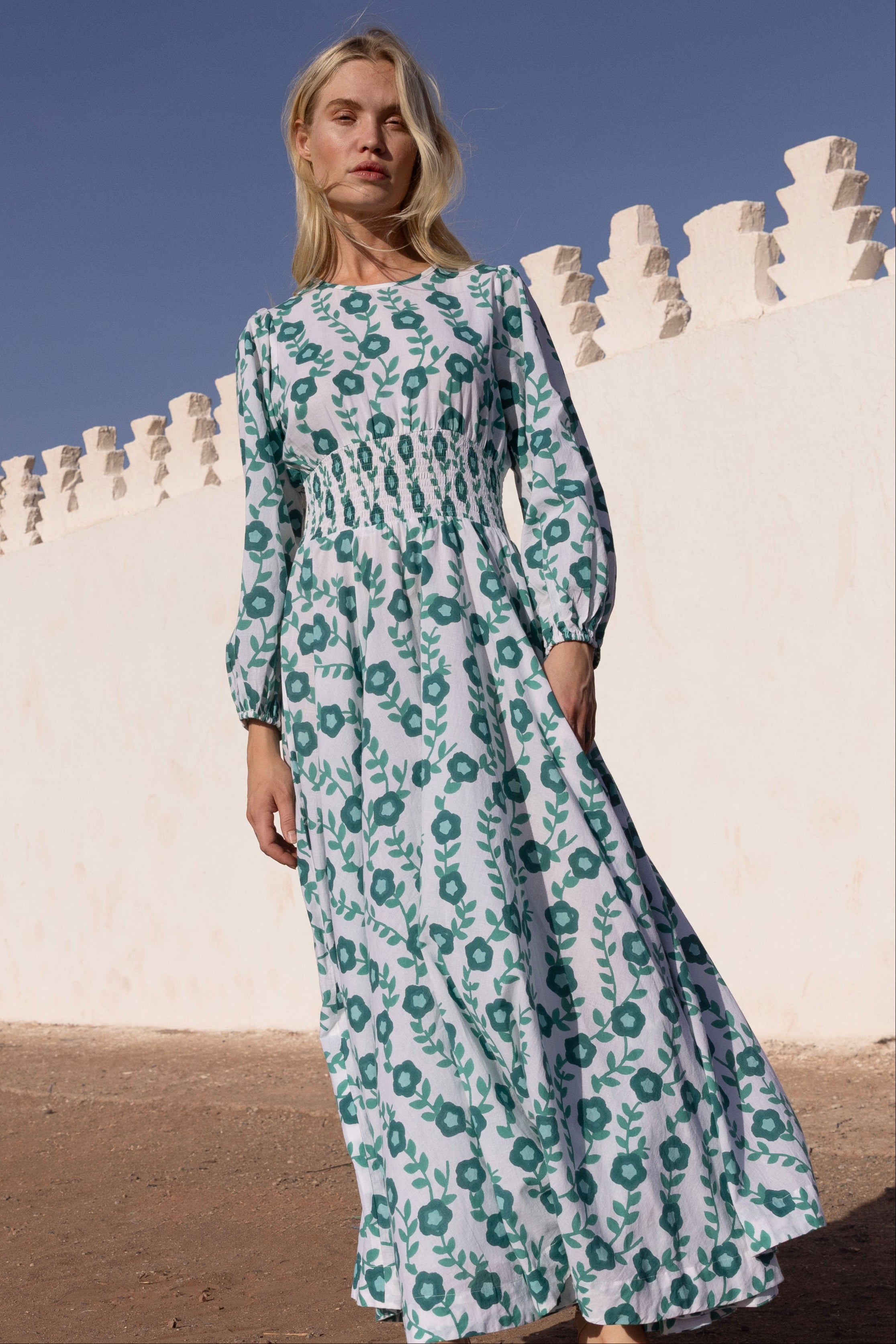 Crew Neck Smocked Waist Maxi- Toscana Green