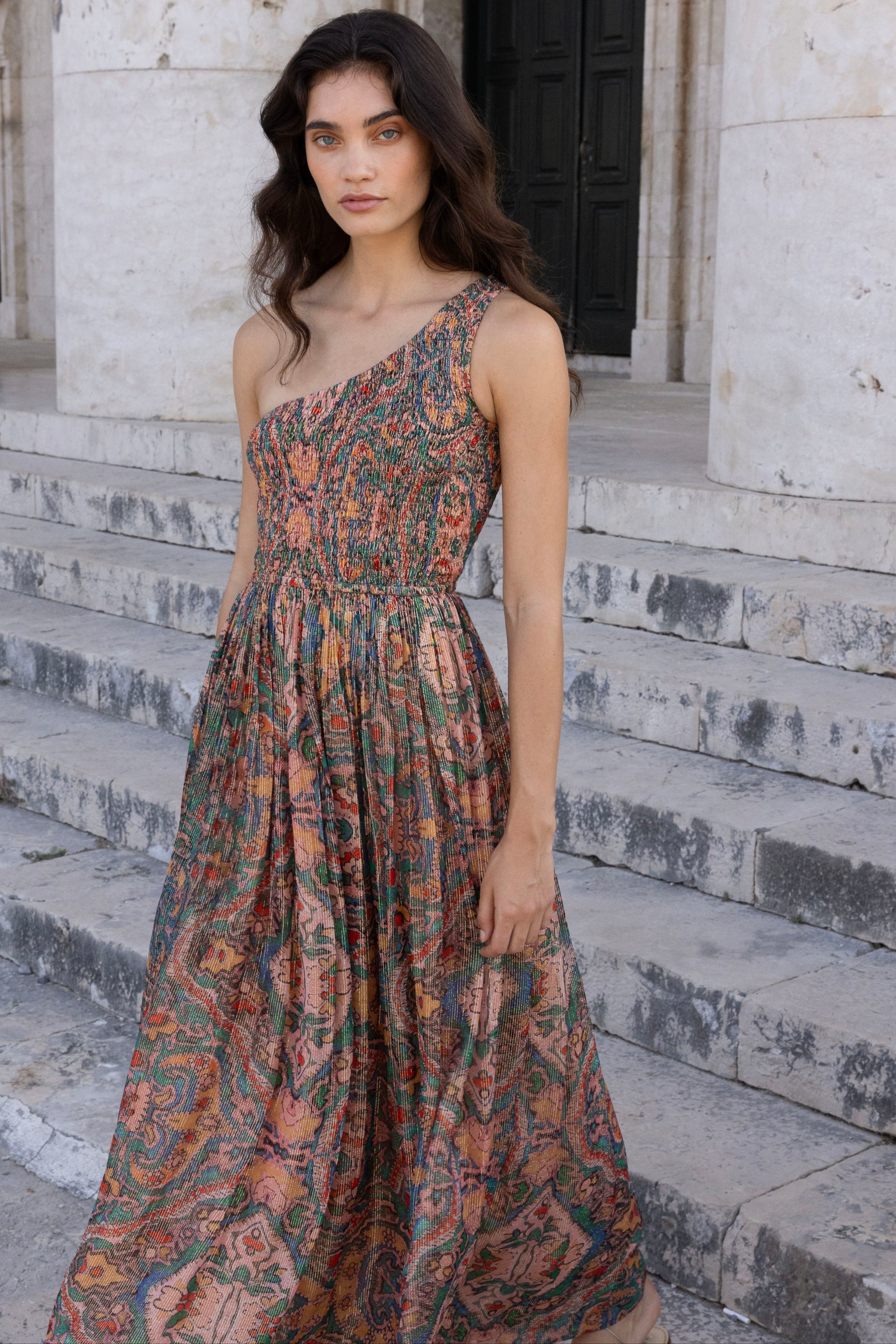 One Shoulder Smocked Maxi- Persia Aqua