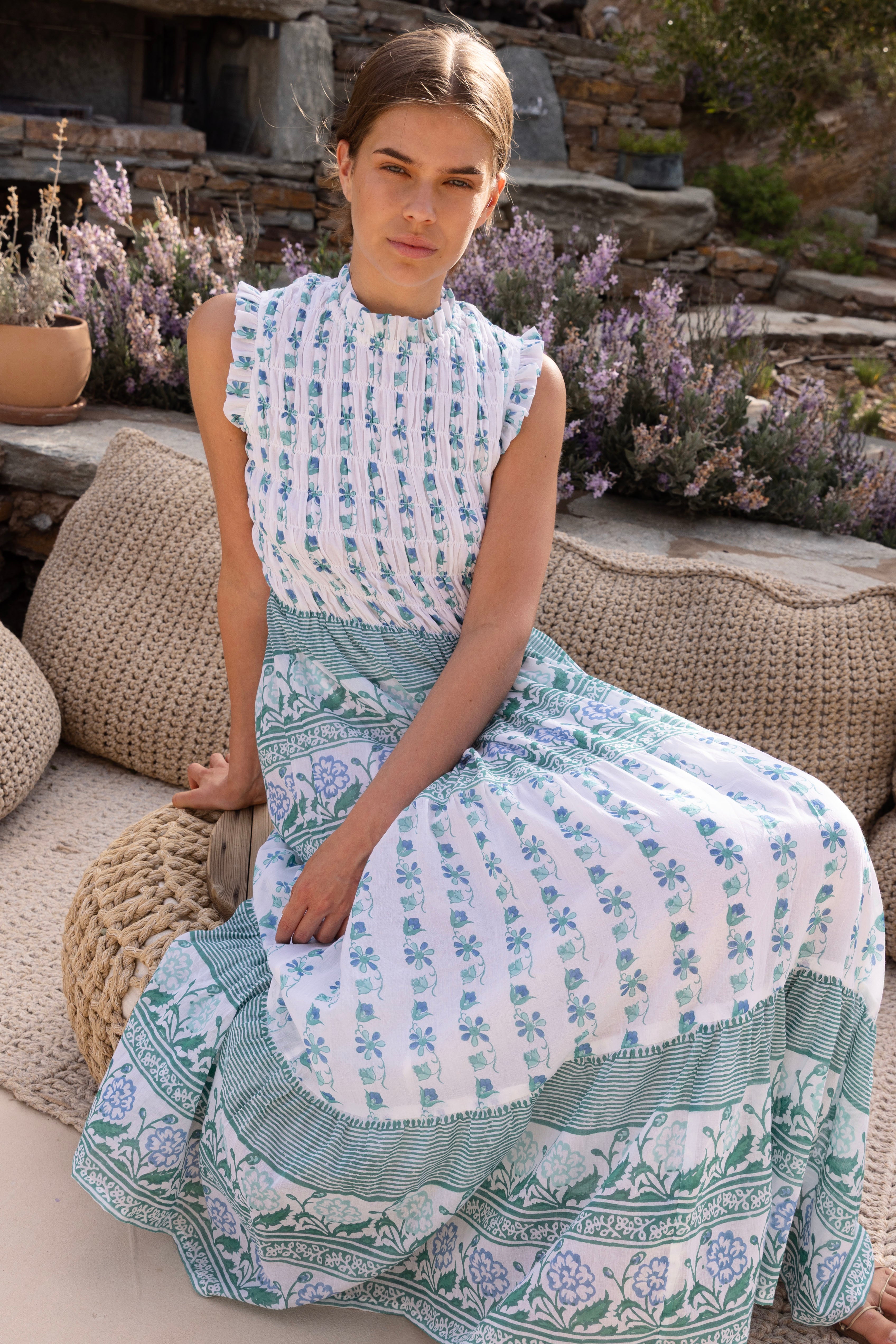 Sleeveless Smocked Maxi- Boreggo Green