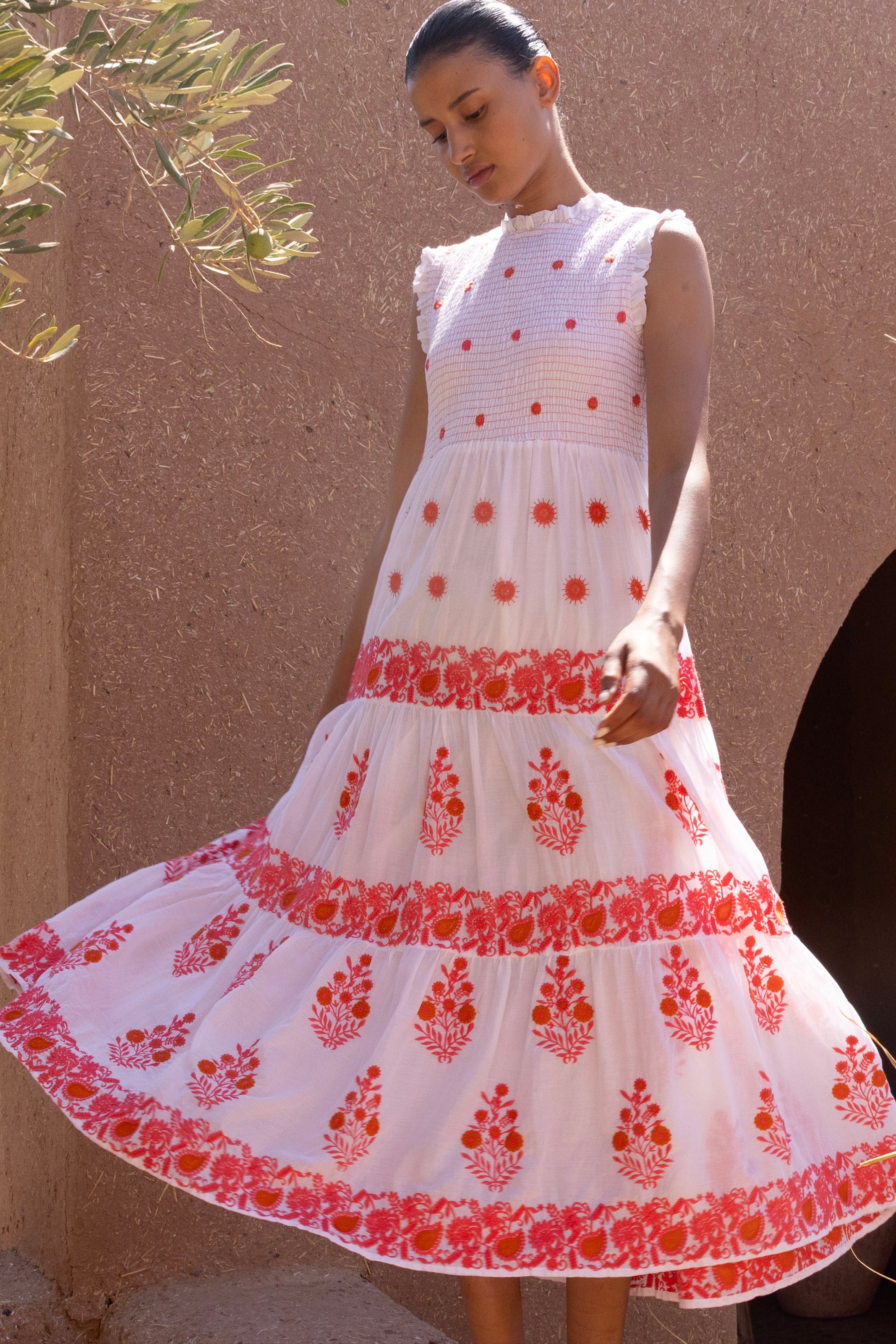 Sleeveless Smocked Maxi- Calistoga Coral