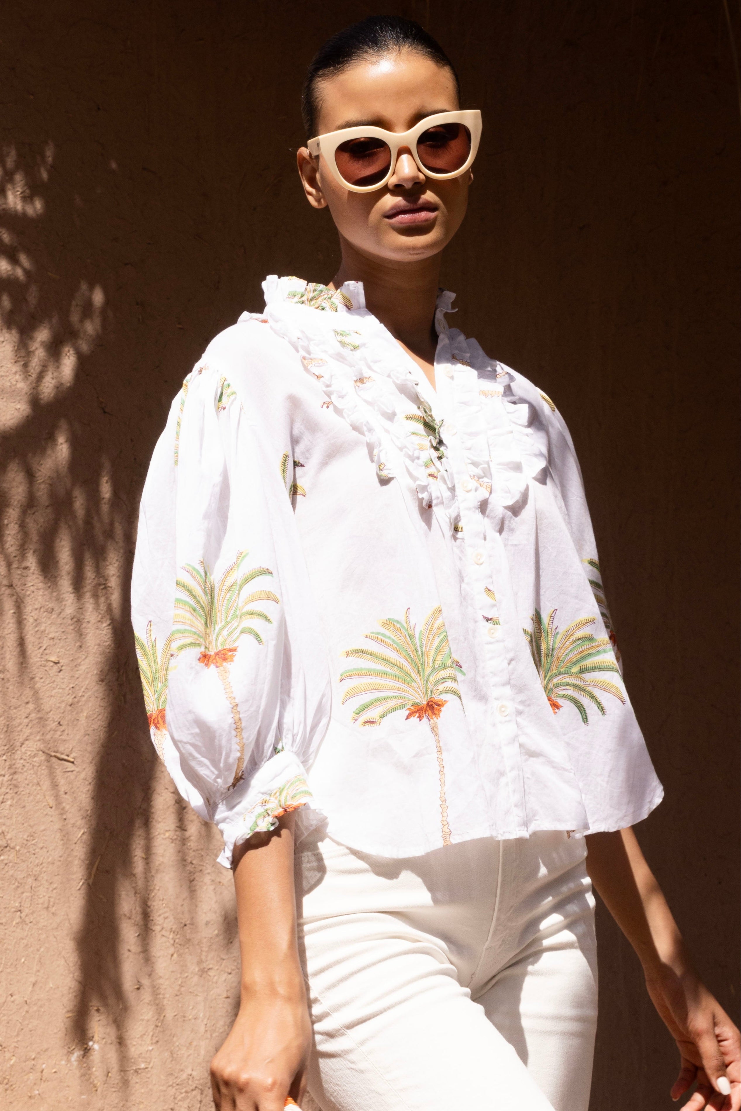 Ruffle Front Button Blouse- Canary Green