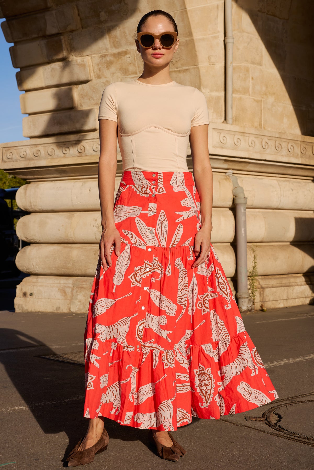 Button Front Skirt- Bengal Brick