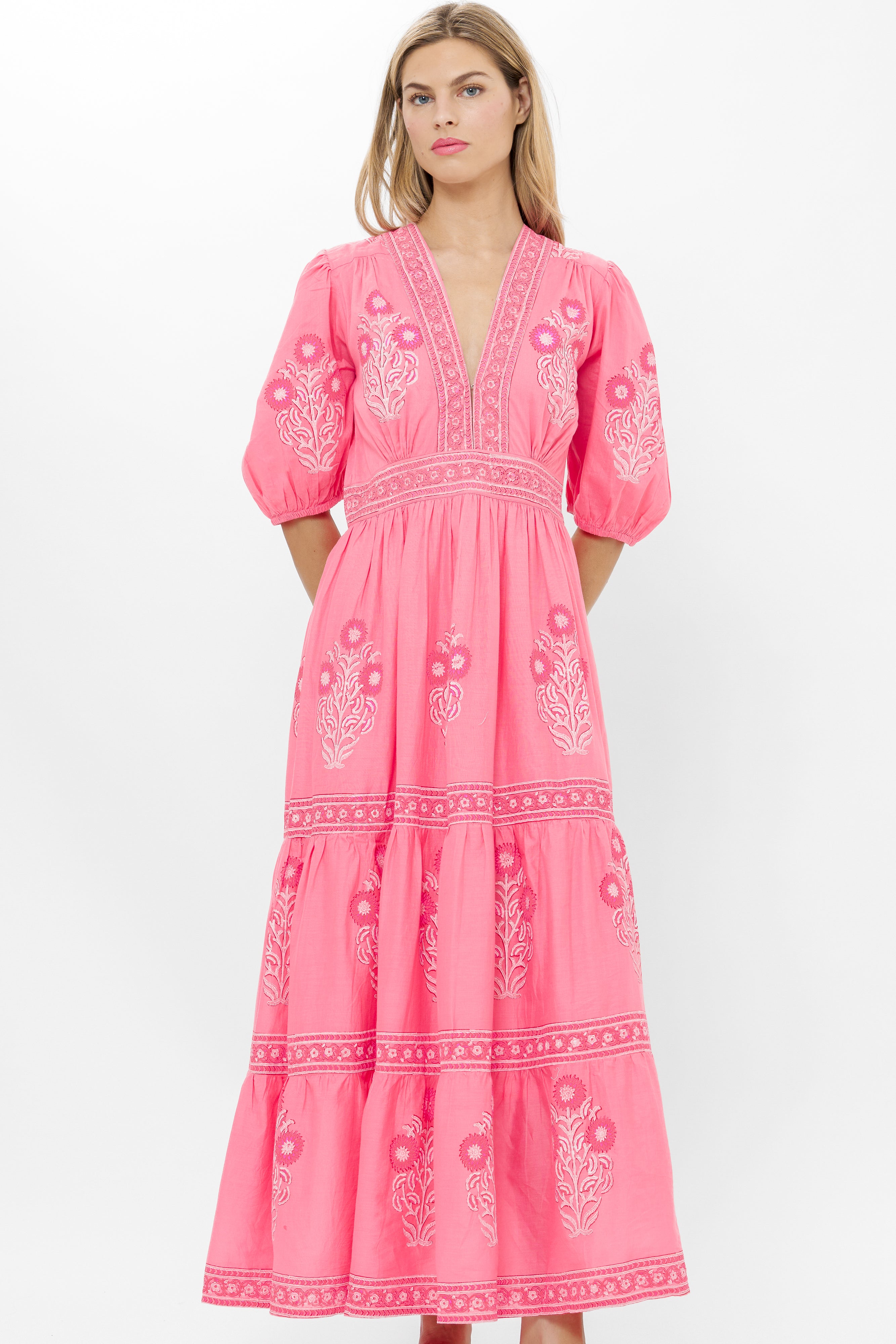 V-Neck Puffed Maxi- Raton Pink